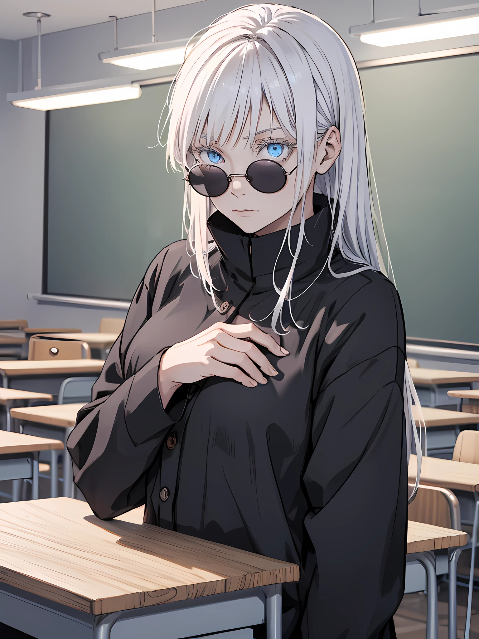 Woman, famale version, female, jujutsu kaisen, solo, alone, white hair, bangs, long hair, white eyebrows, white eyelashes, light blue eyes, wearing round sunglasses, wearing black shirt, black sleeves, black clothing, in classroom, school, high quality, 4k resolution, anime