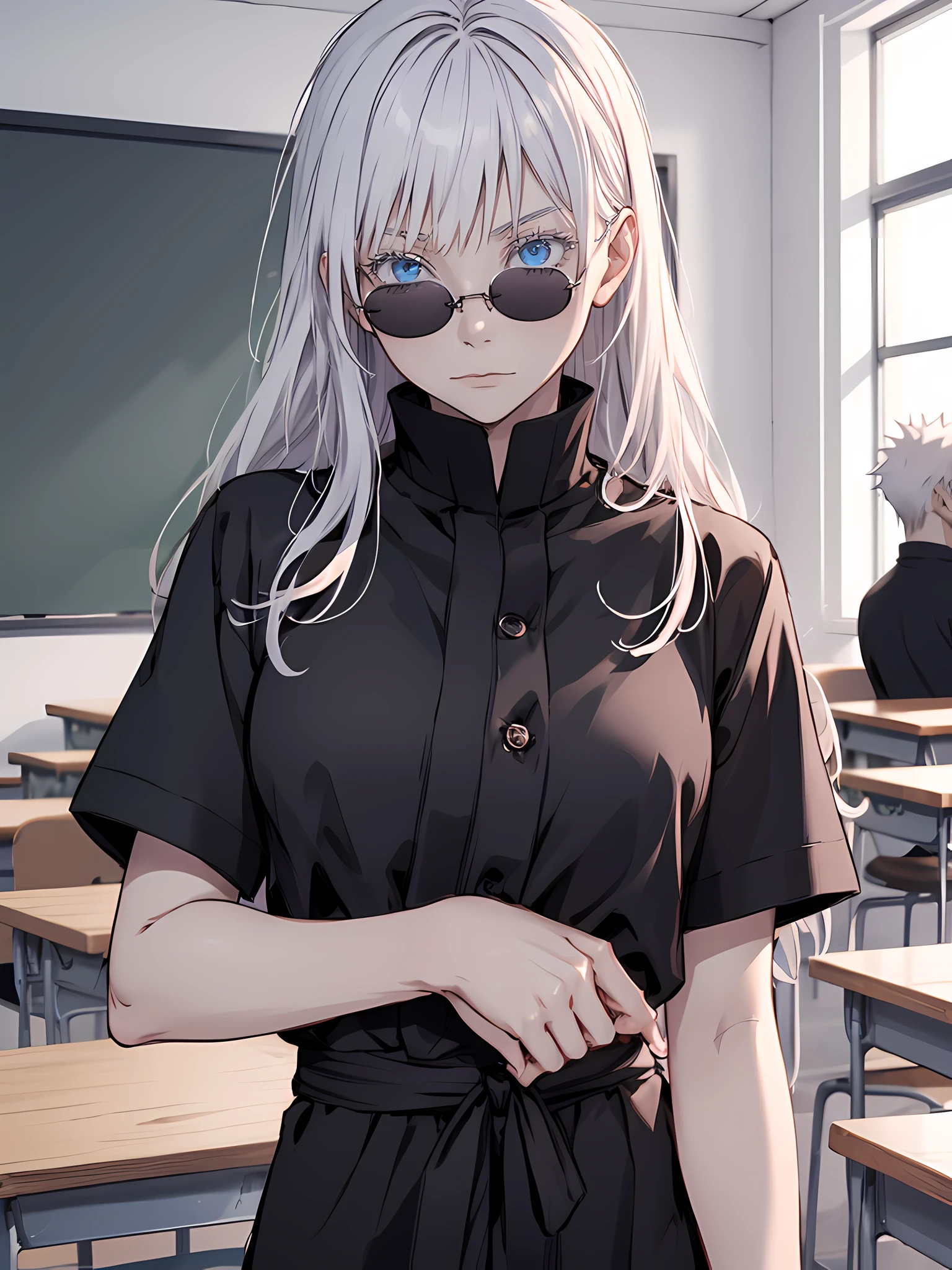 Woman, famale version, female, jujutsu kaisen, solo, alone, white hair, bangs, long hair, white eyebrows, white eyelashes, light blue eyes, wearing round sunglasses, wearing black shirt, black sleeves, black clothing, in classroom, school, high quality, 4k resolution, anime