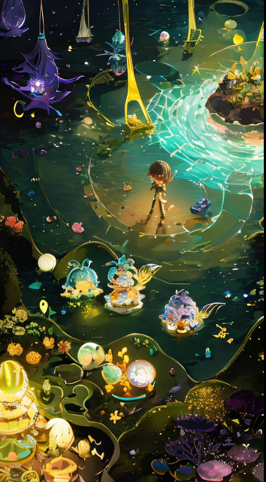 top-quality、ultra-detailliert、masuter piece、８ｋ、Pitch black deep sea、tiny tiny glowing creatures、