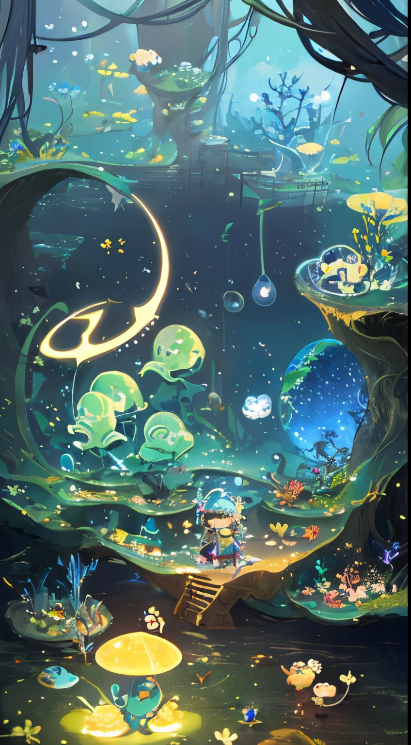 top-quality、ultra-detailliert、masuter piece、8k、Pitch black deep sea、tiny tiny glowing creatures、