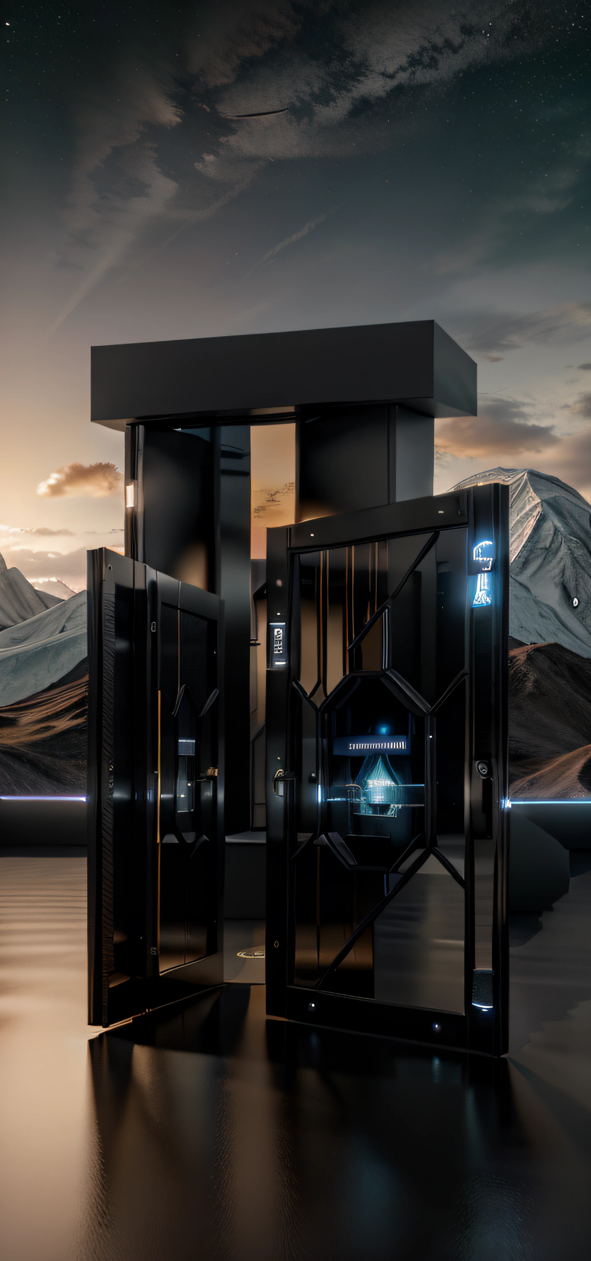 There is a black door,In the background are the sky,The background is a mountain, 3D product rendering, backside of scenography elements, The Cosmic Gate, 4K detail, 4k detail, the are In the background, Product rendering, 8K details, 8K details, LED display, Product design renderings, Large commercial LED display, Hito Steyer
