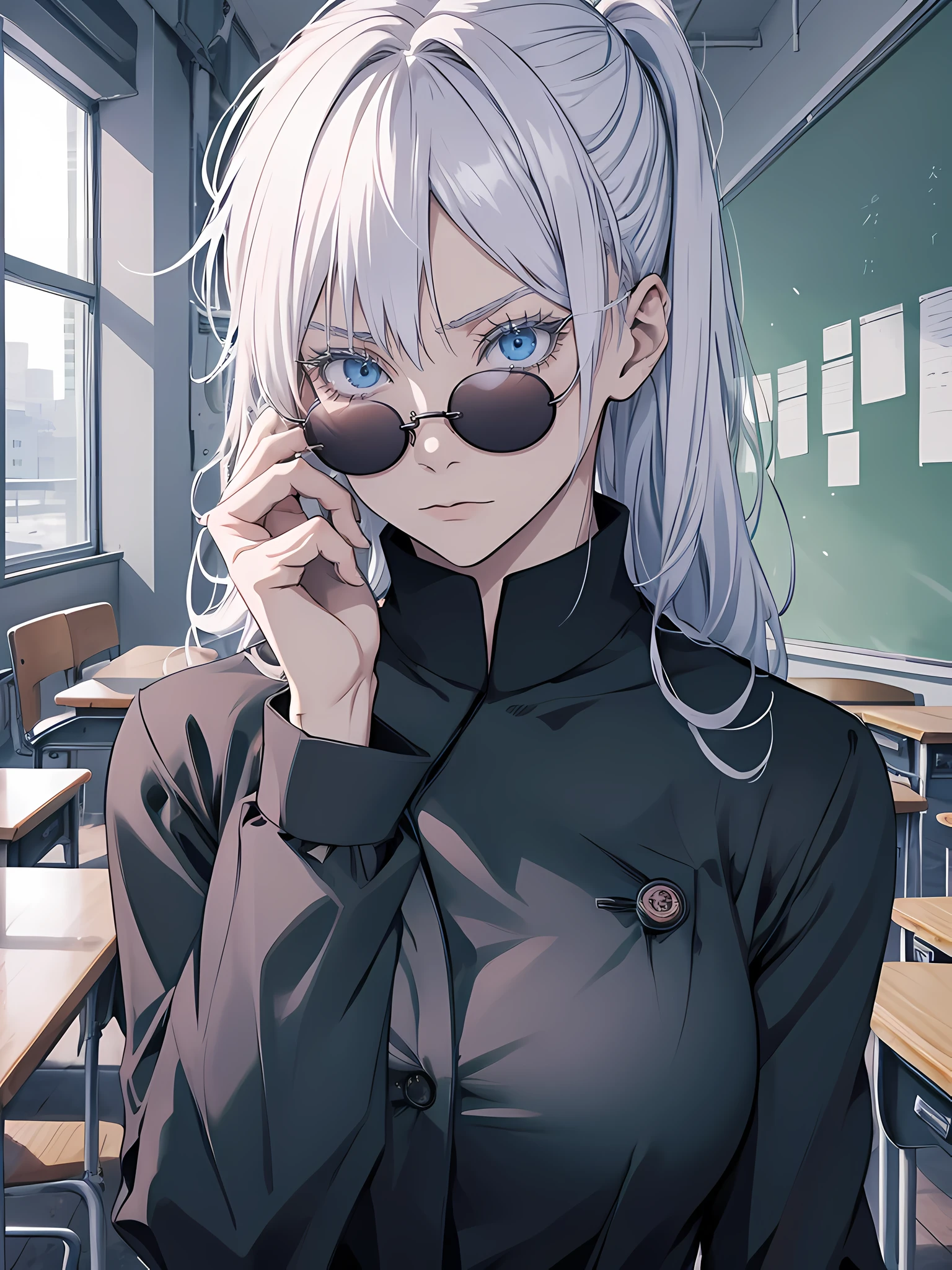 Woman, famale version, female, jujutsu kaisen, solo, alone, white hair, bangs, long hair, white eyebrows, white eyelashes, light blue eyes, wearing round sunglasses, wearing black shirt, black sleeves, black clothing, in classroom, school, high quality, 4k resolution, anime