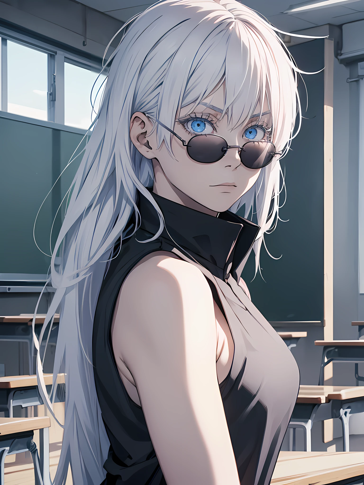 Woman, famale version, female, jujutsu kaisen, solo, alone, white hair, bangs, long hair, white eyebrows, white eyelashes, light blue eyes, wearing round sunglasses, wearing black shirt, black sleeves, black clothing, in classroom, school, high quality, 4k resolution, anime