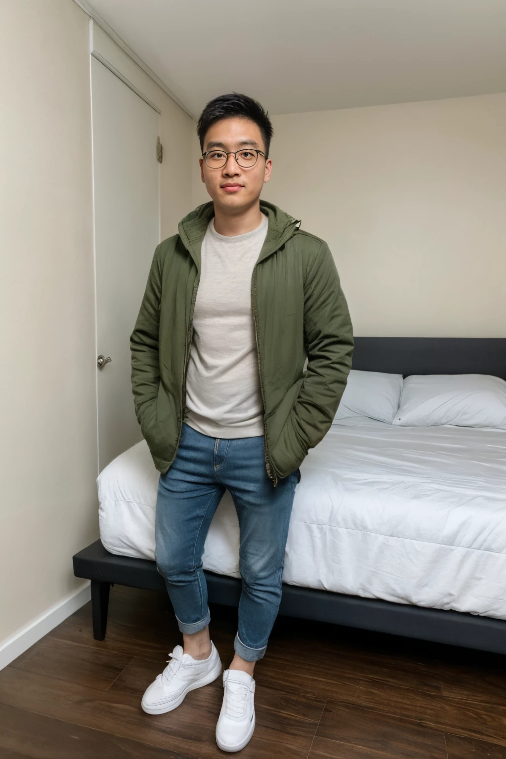 Andrew thomas huang, oval face, eyeglasses, neat muscular, jacket, shirt, jeans, sneakers, bedroom, full body