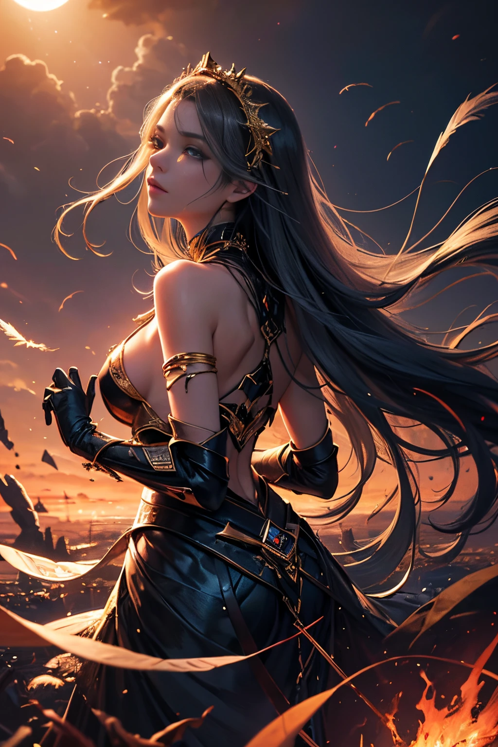 (masterpiece,top quality,best quality,official art,beautiful and aesthetic:1.2), dreamwave, android, smoke, aesthetic, vortex, beautiful woman, (elegant:1.2), ), colorful, crystal, gold., (sexy), wind, storm, backlighting, solar eclipse, long hair, vogue, depth of field, translucent, floating, red sky, Black skeleton princess, black smoke, green blood, Feather bone, ash, black vapor, Andromeda, void, pain, black diamond, diffuse reflection, burn gold,