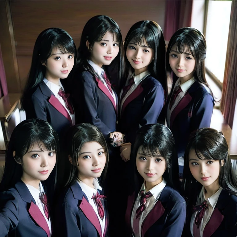 a picture、(((multiple girls))),((((6+girls))))、((10 girls))、The same face、matching school uniform、、Long black hair、10 cute girls、a smile、Selfie stick、‎Classroom、Raw photo、same person、Doppelganger、(group portraits)、a junior high  student