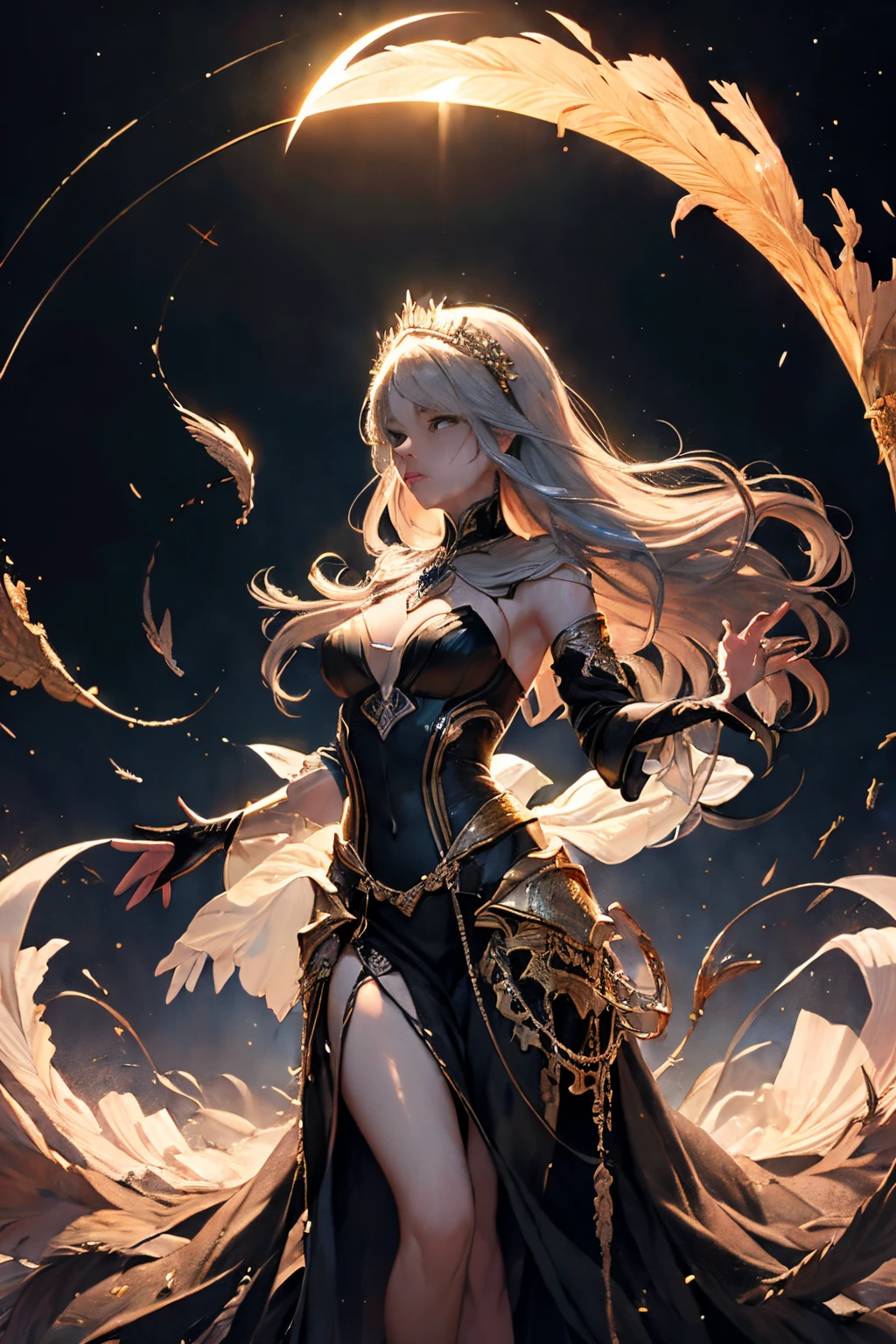 (masterpiece,top quality,best quality,official art,beautiful and aesthetic:1.2), dreamwave, android, smoke, aesthetic, vortex, beautiful woman, (elegant:1.2), ), colorful, crystal, gold., (sexy), wind, storm, backlighting, solar eclipse, long hair, vogue, depth of field, translucent, floating, red sky, Black skeleton princess, black smoke, green blood, Feather bone, ash, black vapor, Andromeda, void, pain, black diamond, diffuse reflection, burn gold,