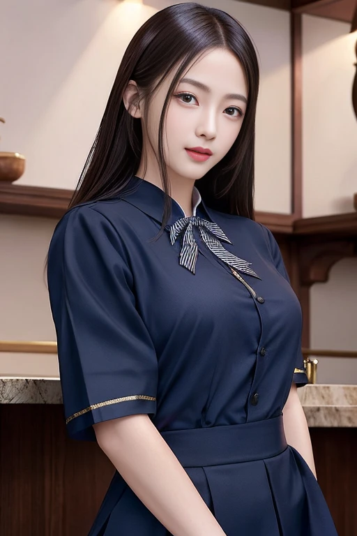 超A high resolution、masterpiece、top-quality、
extra detailed face、A detailed eye、Very complex and、perfect glossy shiny skins、Perfect litthing、Detailed Lighting、Dramatic shadows、光线追踪、
1 girl in、The upper part of the body、Counter Staff Uniforms、looking at the viewers、