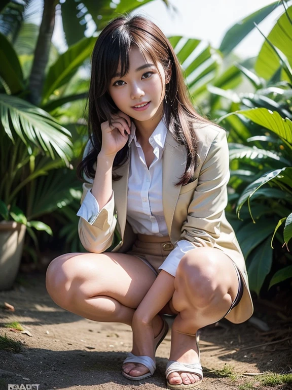 ((top-quality、in 8K、​masterpiece:1.3、Raw photo))、Super high quality photos, In the tropical jungle, ((Wearing business suit jacket and skirt)), ((Wear a white blouse shirt under the jacket)), ((Perfect beauty 20 year old idol Japan woman)), ((a smile)), ((nipples sticking out under the shirt,)), ((slim figure)), ((Slim legs)), ((slim thigh)), ((Perfect beauty 20 year old idol Japan woman)), (Photorealistic: 1.4), (Ultra-high detail), (hyper realisitic: 1.4), (Realistic: 1.3), (Smooth lighting: 1.05), Full body, 1girl in, Solo, (Japanese actressl),　20yr old, cinematlic lighting, ((slim figure)), ((Leaner figure)), Good anatomy, Correct anatomy, In the tropical jungle, ((Perfect beauty 20 year old idol Japan woman)), ((slim figure)), ((Slim legs)), ((slim thigh)), ,((Perfect beauty)), ((He has a small camping bag in one hand.)), ((squatting)), ((Panties are visible through the skirt)), ((a smile)), ((camel's toe)),