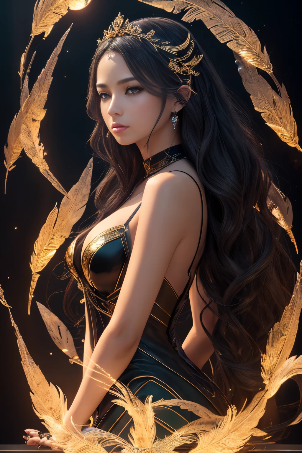 (masterpiece,top quality,best quality,official art,beautiful and aesthetic:1.2), dreamwave, android, smoke, aesthetic, vortex, beautiful woman, (elegant:1.2), ), colorful, crystal, gold., (sexy), wind, storm, backlighting, solar eclipse, long hair, vogue, depth of field, translucent, floating, red sky, Black skeleton princess, black smoke, green blood, Feather bone, ash, black vapor, Andromeda, void, pain, black diamond, diffuse reflection, burn gold,