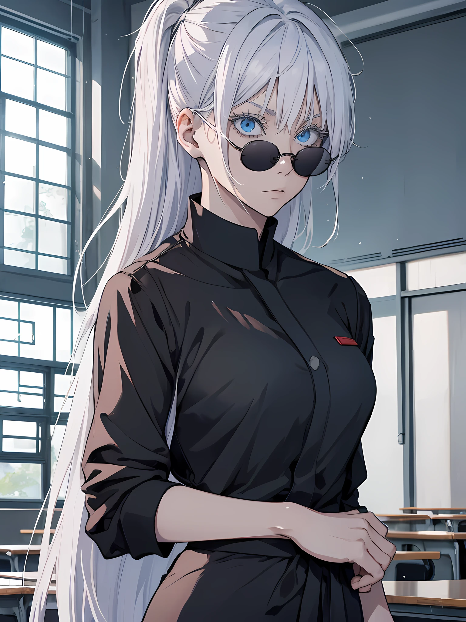 Woman, famale version, female, jujutsu kaisen, solo, alone, white hair, bangs, long hair, white eyebrows, white eyelashes, light blue eyes, wearing round sunglasses, wearing black shirt, black clothing, in classroom, school, high quality, 4k resolution, anime