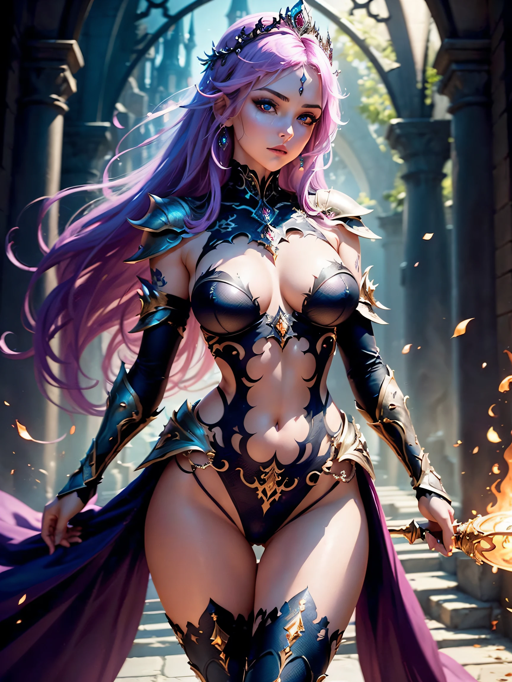 A princess in a beautiful background. She is wearing a short top with gem-studded clothing and sexy short bottoms. Her well-visible breasts and add a touch of sensuality to the scene. The princess's extravagant attire and confident demeanor reveal her exhibitionist side, radiating an aura of allure and intrigue. The artwork should be created using high-quality materials such as illustrations or oil paintings. It should strive for the best image quality, with ultra-detailed and realistic features. The colors should be vivid, highlighting the princess's beauty, while the lighting should enhance the overall ambiance and create a captivating atmosphere. (( see thru clothes)), tiara, (armor), magic in hands, (((magic lines))), ((tight-fitting armor)),beautiful detailed eyes,beautiful detailed lips,extremely detailed eyes and face,longeyelashes,1girl,small boobs,beautiful fantasy kingdom background,crazy sexy fantasy armor,beautiful face,(((corrupted girl)),sexy art,(fantasy art),sexy,small breast,material:illustration,[vibrant colors],concept artists,illumination,empowering female character,majestic,shimmering effect,ethereal,wisps of magic,fearless expression,graceful pose,strong and confident demeanor,imposing stature,royal ornaments,mystical aura, ((lewd)), ((beautiful multicolor eyes)), anarchist, (tattoos), fine ass, thigh gap, , (((girl, gazing, opposite direction))), ((looks around)), the view is directed sideways