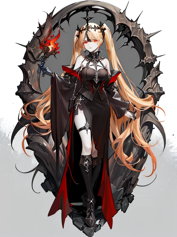yellow-haired devil, with chain scythe, Sexy clothing, Red eyes,, Red moon and blue rose, Fantasy background long dress,Golden armor,poster,vampire,glowing eyes,glowing eyes,epic,glorious