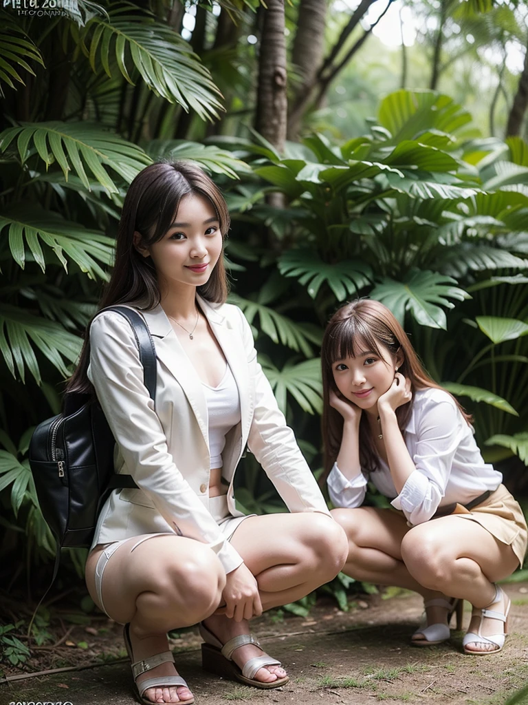 ((top-quality、in 8K、masterpiece:1.3、Raw photo))、Super high quality photos, In the tropical jungle, ((Wearing business suit jacket and skirt)), ((Wear a white blouse shirt under the jacket)), ((Perfect beauty 20 year old idol Japan woman)), ((a smile)), ((nipples sticking out under the shirt,)), ((slim figure)), ((Slim legs)), ((slim thigh)), ((Perfect beauty 20 year old idol Japan woman)), (Photorealistic: 1.4), (Ultra-high detail), (hyper realisitic: 1.4), (Realistic: 1.3), (Smooth lighting: 1.05), Full body, 1girl in, Solo, (Japanese actressl), 20yr old, cinematlic lighting, ((slim figure)), ((Leaner figure)), Good anatomy, Correct anatomy, In the tropical jungle, ((Perfect beauty 20 year old idol Japan woman)), ((slim figure)), ((Slim legs)), ((slim thigh)), ,((Perfect beauty)), ((He has a small camping bag in one hand.)), ((squatting)), ((Panties are visible through the skirt)), ((a smile)), ((camel's toe)),