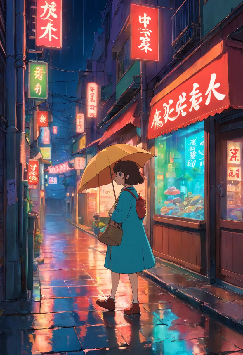 , natta, the city street, The ground is wet with rain, fall, during night, Neon sign in background, The beautiful, absurd res, A high resolution, Super sharp, 8K, tmasterpiece,