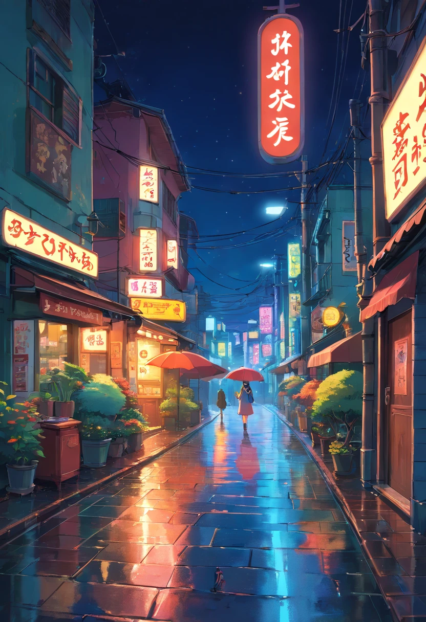, natta, the city street, The ground was wet with rain, fall, during night, Neon sign in background, The beautiful, Ridiculous resources, A high resolution, Super sharp, 8K, tmasterpiece,Don't be characterized