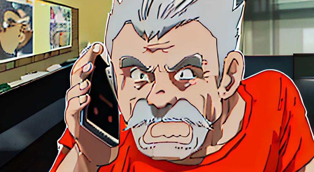 black outline,anime screencap,comic,An old man with gray hair, gray nose, orange T-shirt, holding a smartphone in his hand