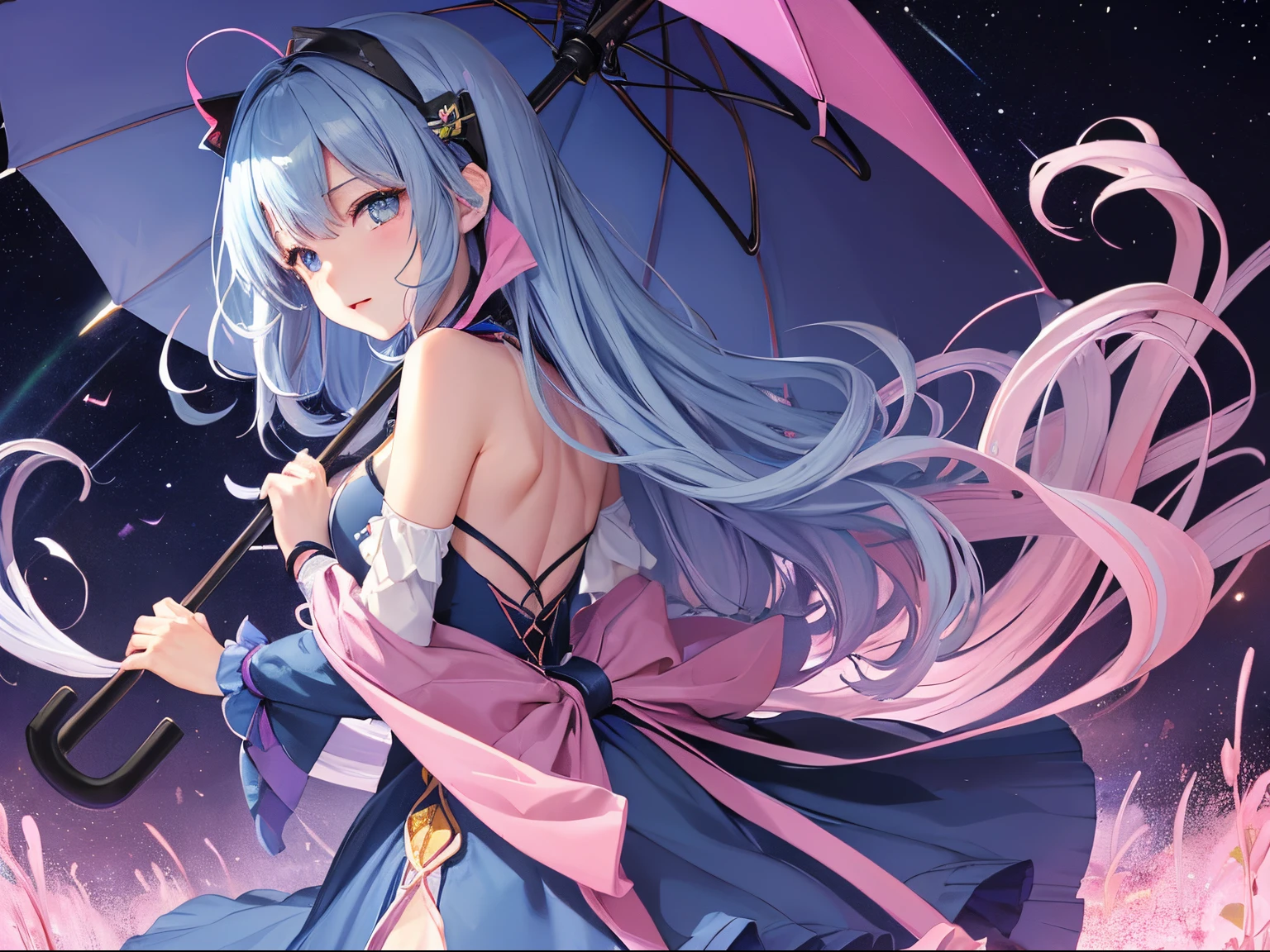 dark magician girl、mksks style、(1 person)、(Highly detailed back:1.0)、(Highly detailed back:1.0)、tmasterpiece、topquality、超High Resolution、8K、Upper torso、(umbrella、colorful umbrella:1.3)、looking into the night sky、(1/2 pink and 1/2 Light blue hair、rainbow hair)、(A detailed eye、blue eyes)、(Rainbow Dress、1/2 pink and 1/2 Blue dress:1.2)、detailed skin、from side、Lavender fields、The Wind Is Blowing、(the night:1.2、Close Sky:1.5、Summer Great Triangle、Shooting stars:1.2)、wakame、wakame、wakame、wakame、wakame、wakame、wakame、wakame、wakame、wakame、wakame、wakame、wakame、wakame、wakame、wakame、wakame、wakame、wakame、wakame、wakame、wakame、wakame、wakame、wakame