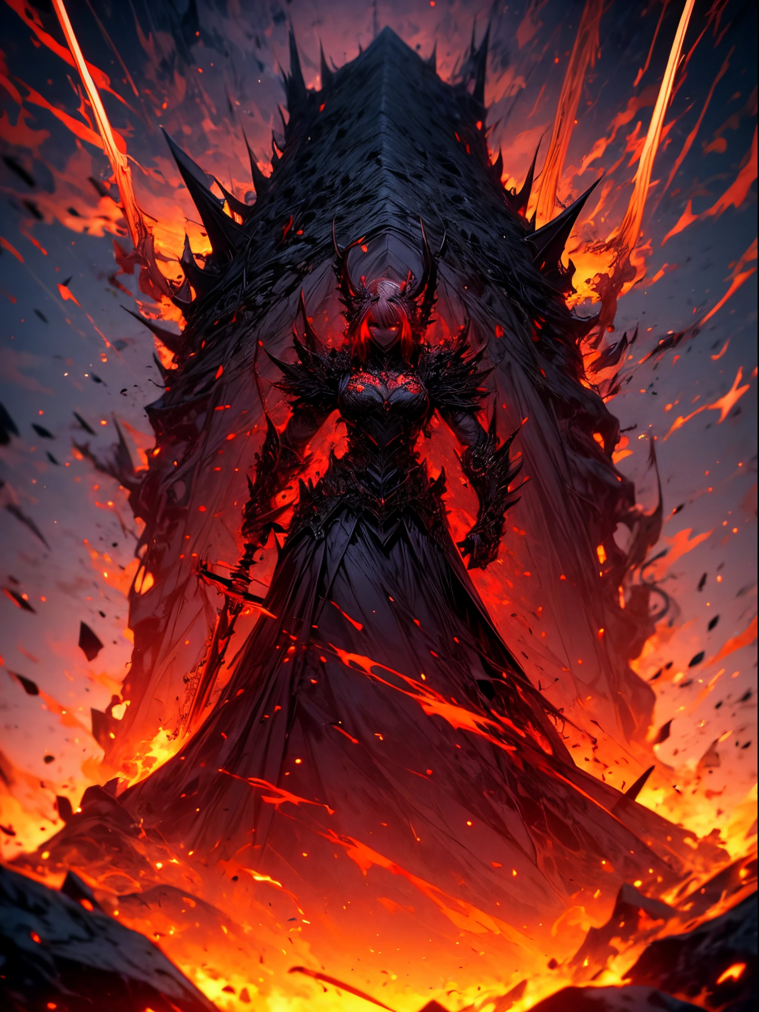 a beautiful female, a demon slaying female, fearful beautiful eyes, beautiful body, Beautiful face, dragon Armor, Collapsed civilization with dead dragons on the background, mixture a elements raging from his sword and from behind, facing toward camera, red and black eyes, 4k wallpaper, ultra high detailed,