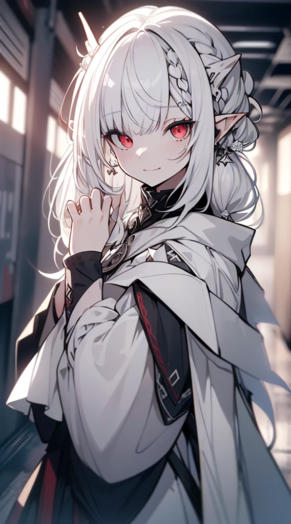 (((top-quality，hight resolution，8K，Super masterpiece，Best Quality)))，The upper part of the body，(white  hair:1.2)，(poneyTail:1.3)，(Red Eyes:1.2)，(Elven ears:1.3)，(Manteau blanc:1.5)，ssmile，