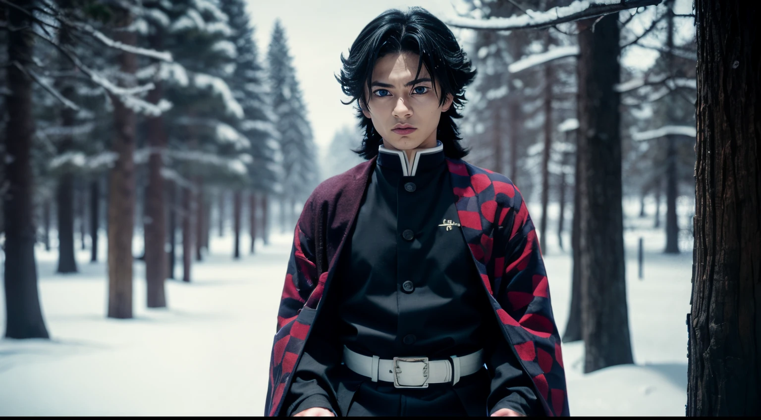 tomioka giyuu, demon slayer, 1boy, solo, upper body, long hair, looking at viewer, ((blue eyes)), black hair, long sleeves, japanese clothes, male focus, haori, demon slayer uniform, detailed face, detailed eyes, winter, snow, forest,