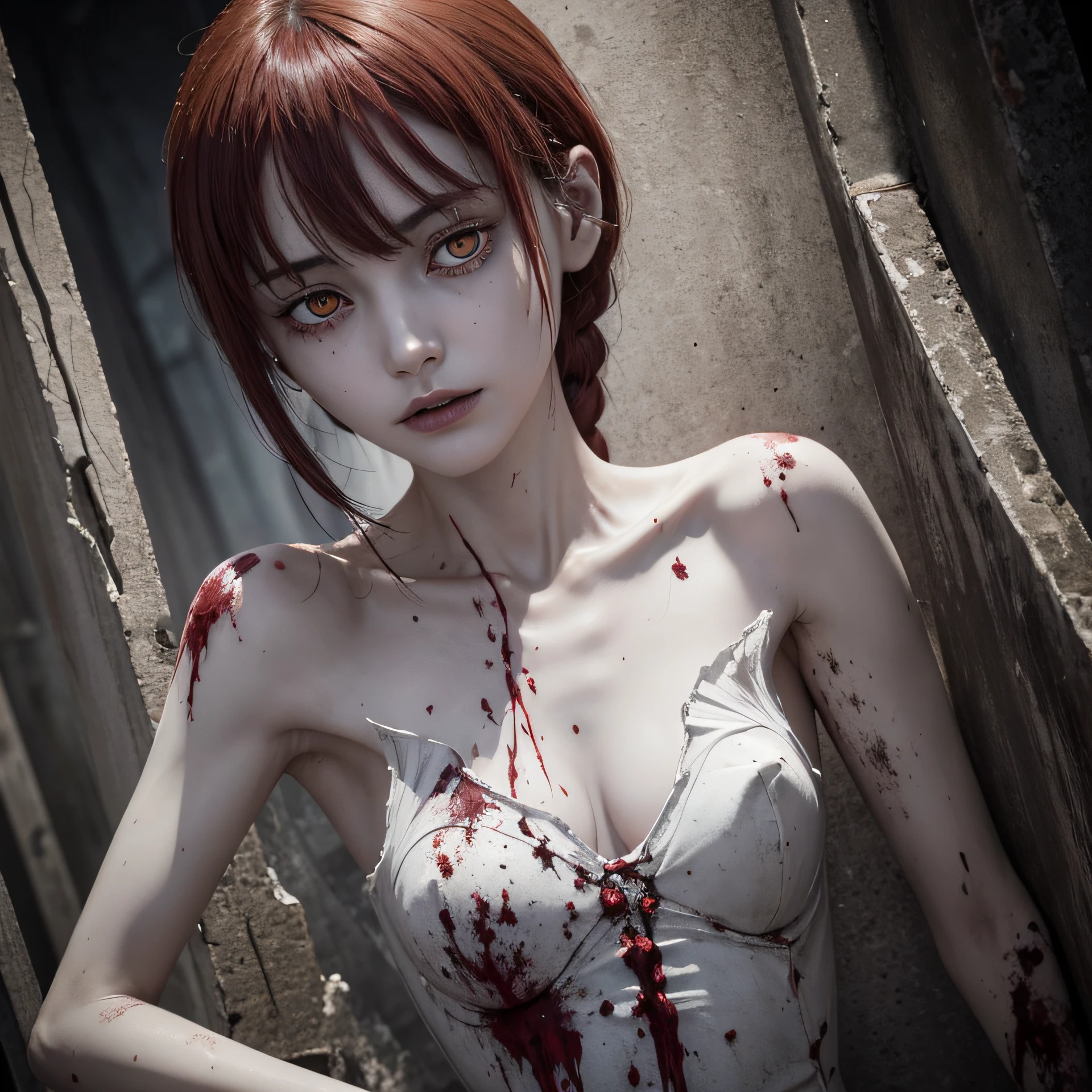 corpse, sinister, female, thin, pale, looking at the camera, ultra realistic, fully detailed, cemetery environment, bright eyes, white dress torn and stained with blood, bones exposed, putrid wounds, sensual, terrifying, bruised by the body, exposed fracture in the collarbone, slight smile, super detailed