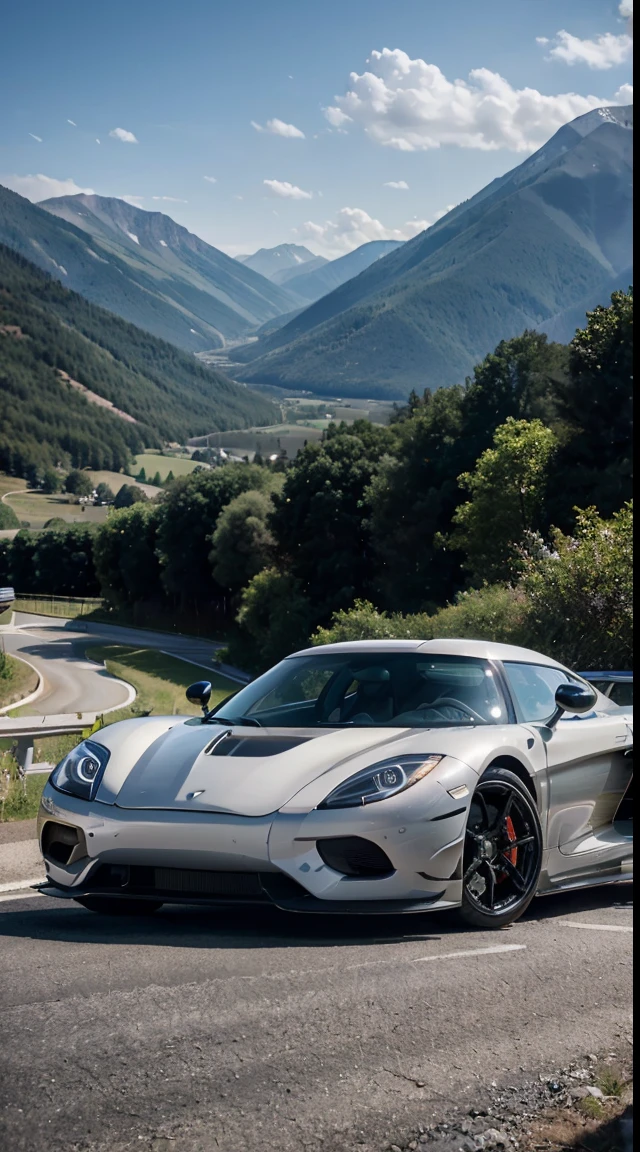 High-definition wallpaper featuring a Koenigsegg sports car, set against a scenic backdrop of a winding mountain road. The Koenigsegg, painted in a sleek metallic finish, should be captured in a dynamic angle to showcase its aerodynamic design and signature features. The mountainous landscape should emphasize the car's performance capabilities, with the road disappearing into the distance. Utilize a high-end DSLR camera with a wide-angle lens to capture the full grandeur of the scene. Shoot in optimal lighting conditions, preferably during golden hour, to enhance the car's contours and the natural beauty of the surroundings. The final resolution should be suitable for a high-quality wallpaper, ensuring clarity and detail.