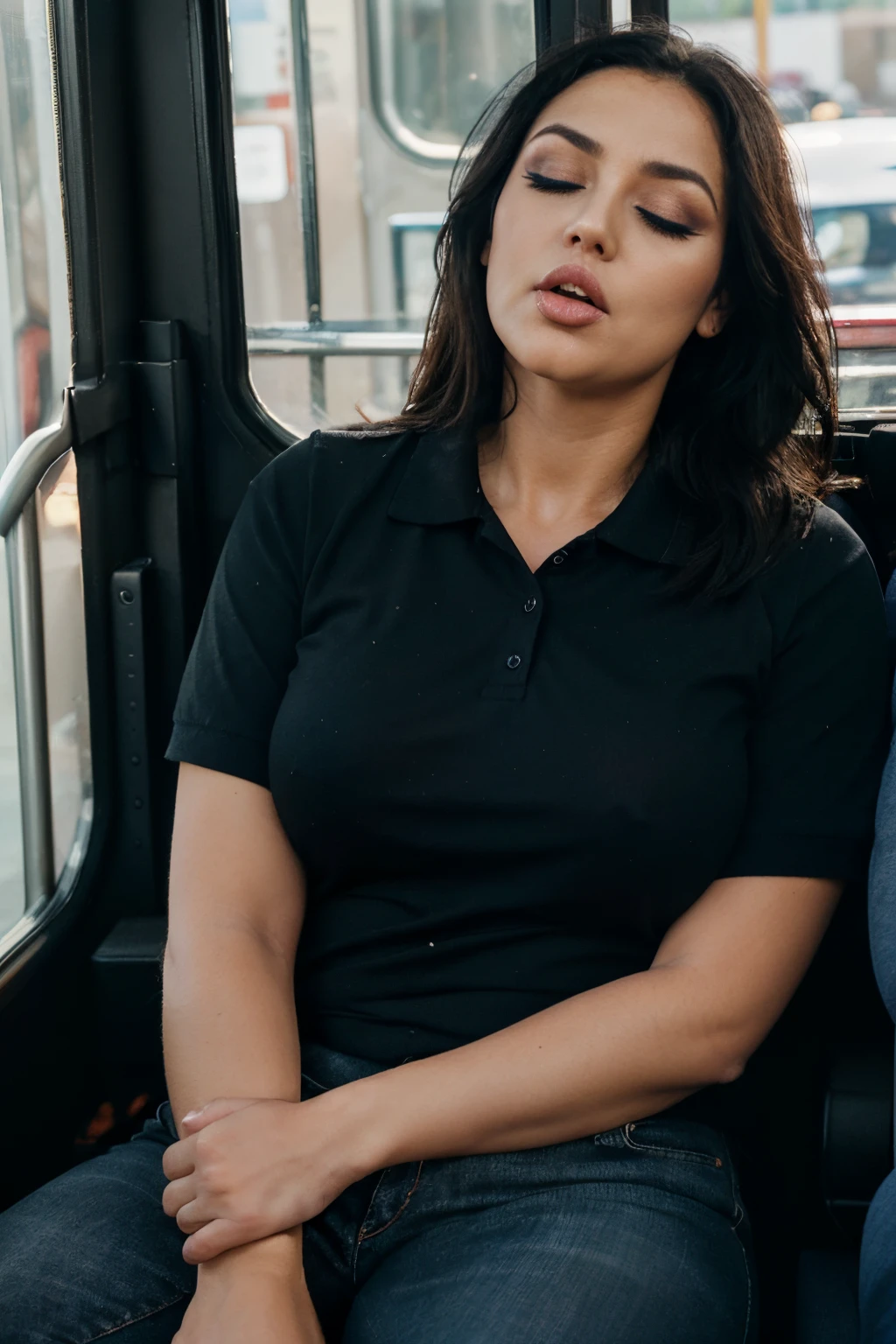 1 beautiful woman, 50-year-old lady, sleeping with her mouth open, eyes closed, black hair, sleeping sitting on the bus, jeans, black polo shirt, outlined eyes, drooling, snoring, passed out, black bag, head on the bus window, sitting by the window, ((VERY INTENSE MAKEUP)), voluptuous woman, ((MOUTH WIDE OPEN)).