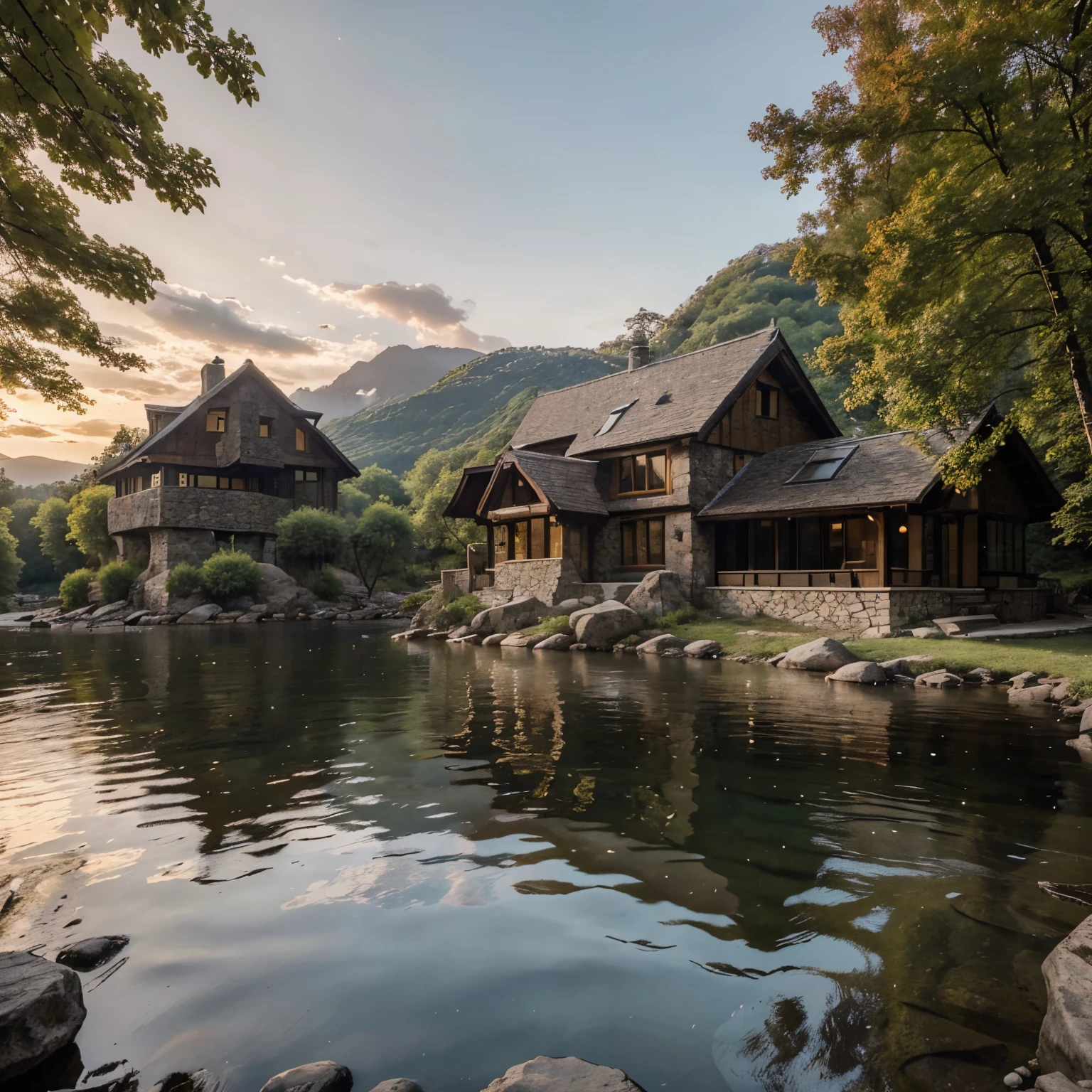 A house built on a giant rock in the middle of a river. The house is made of wood and stone, and has a sloping roof and a chimney. The house is surrounded by trees and mountains, and can only be accessed by a wooden bridge. The house is a perfect retreat for nature lovers and adventurers.