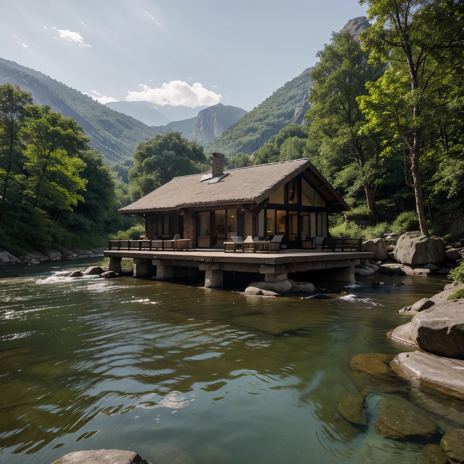 A house built on a giant rock in the middle of a river. The house is made of wood and stone, and has a sloping roof and a chimney. The house is surrounded by trees and mountains, and can only be accessed by a wooden bridge. The house is a perfect retreat for nature lovers and adventurers.