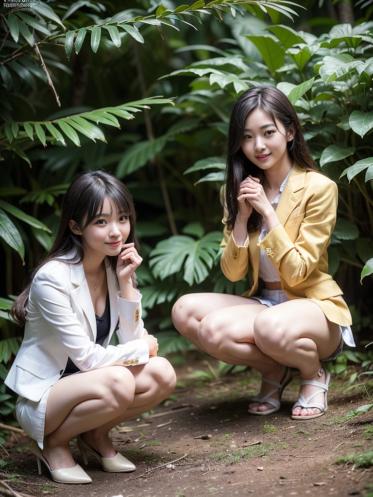 ((top-quality、in 8K、​masterpiece:1.3、Raw photo))、Super high quality photos, In the tropical jungle, ((Wearing business suit jacket and skirt)), ((Wear a white blouse shirt under the jacket)), ((Perfect beauty 20 year old idol Japan woman)), ((a smile)), ((nipples sticking out under the shirt,)), ((slim figure)), ((Slim legs)), ((slim thigh)), ((Perfect beauty 20 year old idol Japan woman)), (Photorealistic: 1.4), (Ultra-high detail), (hyper realisitic: 1.4), (Realistic: 1.3), (Smooth lighting: 1.05), Full body, 1girl in, Solo, (Japanese actressl),　20yr old, cinematlic lighting, ((slim figure)), ((Leaner figure)), Good anatomy, Correct ???????, In the tropical jungle, ((Perfect beauty 20 year old idol Japan woman)), ((slim figure)), ((Slim legs)), ((slim thigh)), ,((Perfect beauty)), ((He has a small camping bag in one hand.)), ((squatting)), ((Panties are visible through the skirt)), ((a smile)), ((camel's toe)),