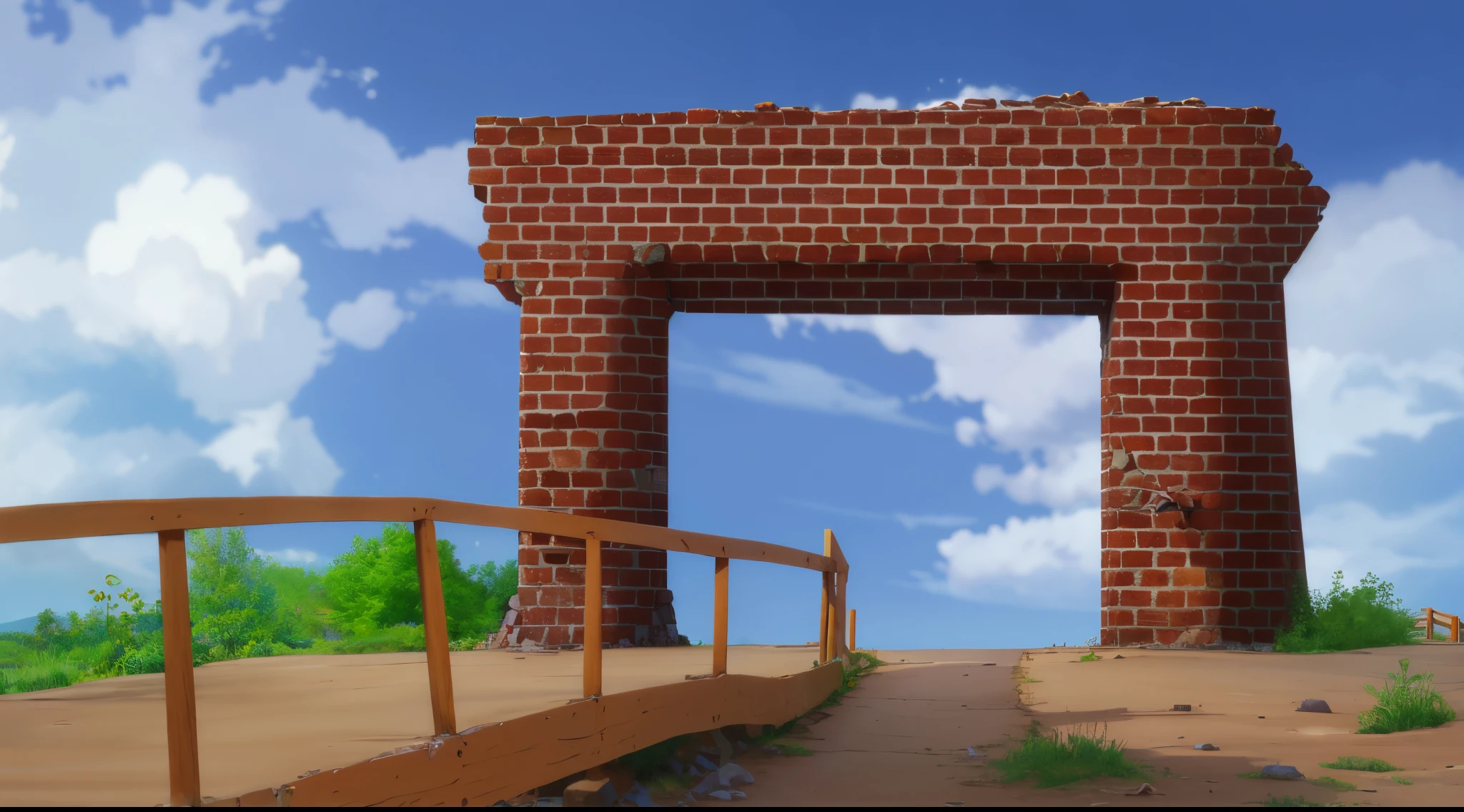 arafed brick arch with a wooden bridge over a dirt path, random background scene, background is the ruins, background artwork, detailed scenery —width 672, fortress gateway, anime countryside landscape, anime scenery, wooden bridge, detailed scenery, realistic establishing shot, scenery artwork, old bridge, establishing shot, background image, stone bridge, overpass, attack on titan scenery, anime, anime style, 4k, 4k detailed, 4k anime, 4k background, anime background,