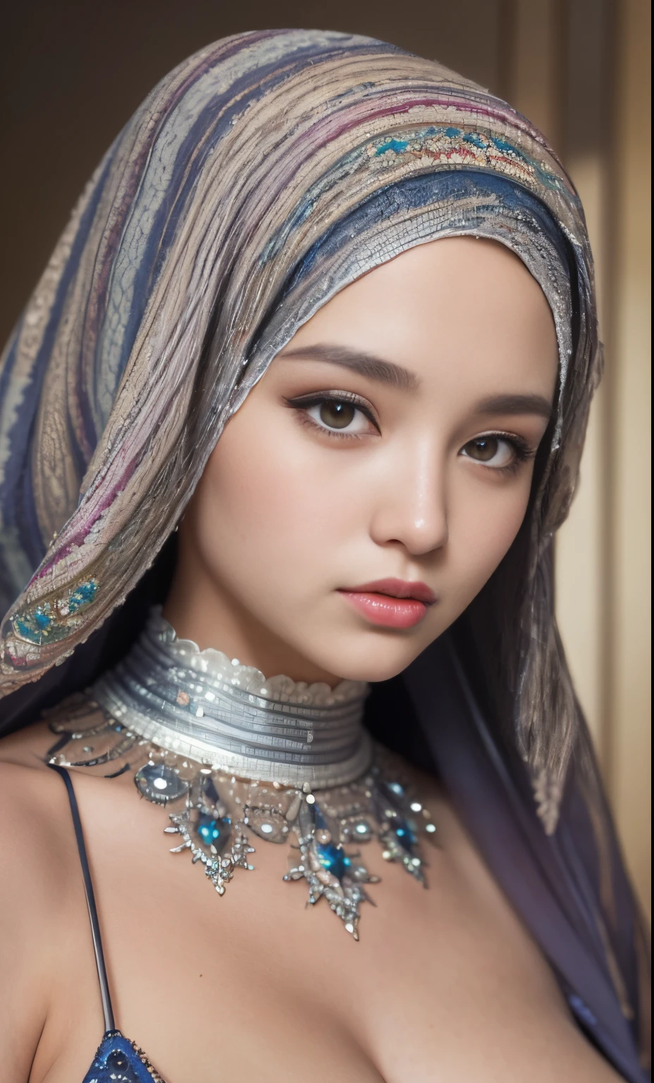 heavenly, glowing, (8k, 4k, best quality, highres, ultra high res:1.1), (masterpiece, realistic, photo-realistic:1.1), 1girl, face, close-up, colorful hijabi, red lips,((big breast)), (big cleavage), (big cuvy hips), (narrow waist ) (looking at viewer:2), long eyelashes, eyeshadow, small face, big eyes,bare shoulders, high contrast,ultra-high-definition, outstanding details, 8K, Blush face, attractive collarbone, sexy shoulders, blushing cheeks, nikon z9, 30mm lens, sharp focused face, f/4, iso 200, shutter 1/250, beauty light, medium shot, raw ,intricately detailed, award winning photograph, good contrast, high sharpness, facial symmetry, bokeh, ultra-detailed