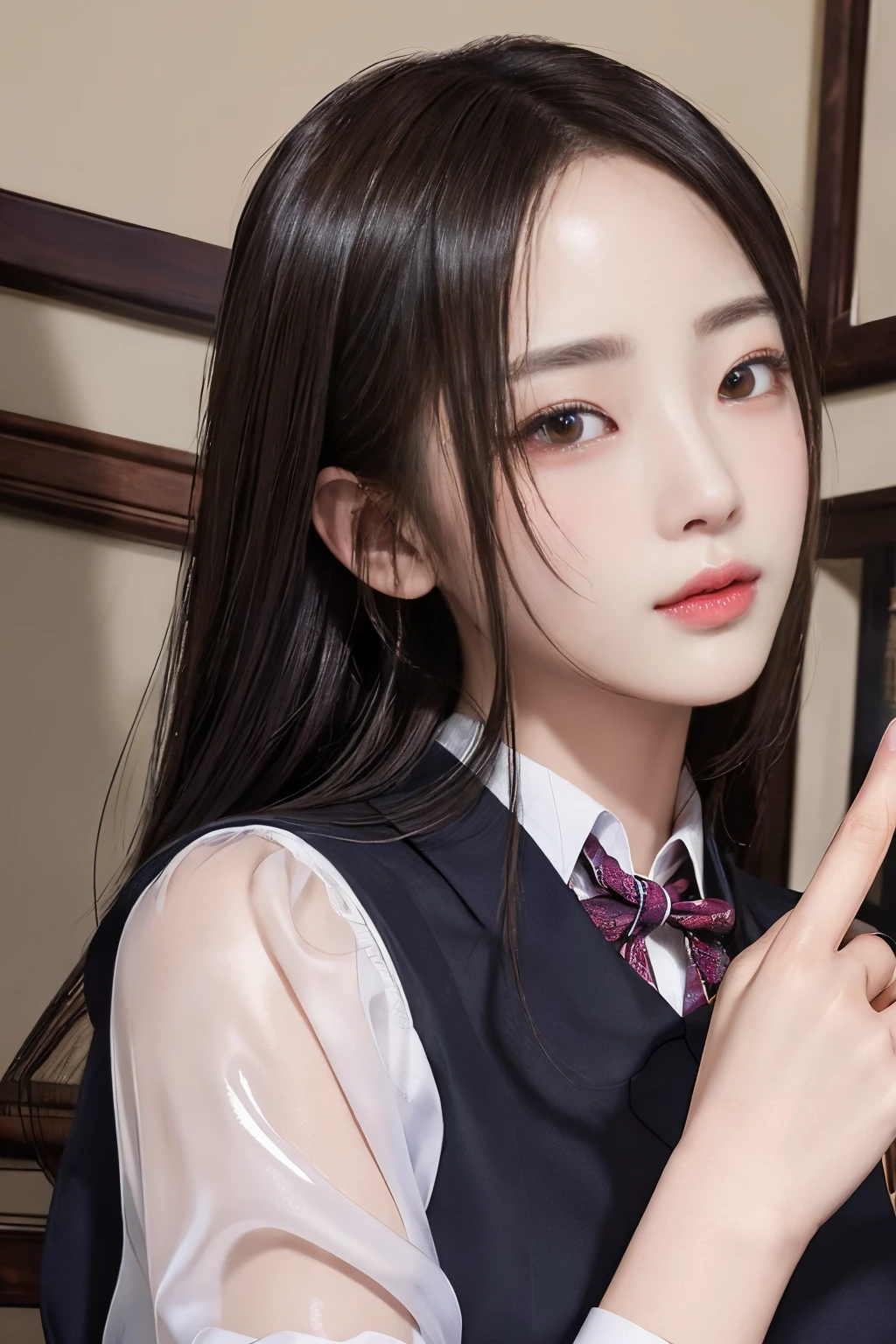 超A high resolution、masterpiece、top-quality、
extra detailed face、A detailed eye、Very complex and、perfect glossy shiny skins、Perfect litthing、Detailed Lighting、Dramatic shadows、光线追踪、
1 girl in、The upper part of the body、Counter Staff Uniforms、looking at the viewers、