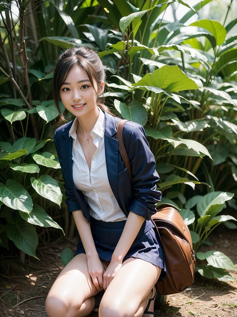 ((top-quality、in 8K、​masterpiece:1.3、Raw photo))、Super high quality photos, On a hammock set up in a tropical jungle, ((Wearing a business suit with jacket and skirt)), ((Beautiful Japanese woman sitting on a seat)),((Wear a white blouse shirt under the jacket)), ((Perfect beauty 20 year old idol Japan woman)), ((burst into laughter)), ((protruding nipples under the shirt,,)), ((slim figure)), ((Slim legs)), ((slim thigh)), (Photorealistic: 1.4), (Ultra-high detail), (hyper realisitic: 1.4), (Realistic: 1.3), (Smooth lighting: 1.05), Full body, 1girl in, Solo, (Japanese actressl),　20yr old, cinematlic lighting, ((Leaner figure)), Good anatomy, Correct anatomy, ((Perfect beauty 20 year old idol Japan woman)), ((Slim legs)), ((slim thigh)), ,((Perfect beauty)), ((He has a small camping bag in one hand.)), ((Panties are visible through the skirt)), ((burst into laughter)), ((camel's toe)), ((Wearing a business suit with jacket and skirt)), ((Hands on the crotch)).