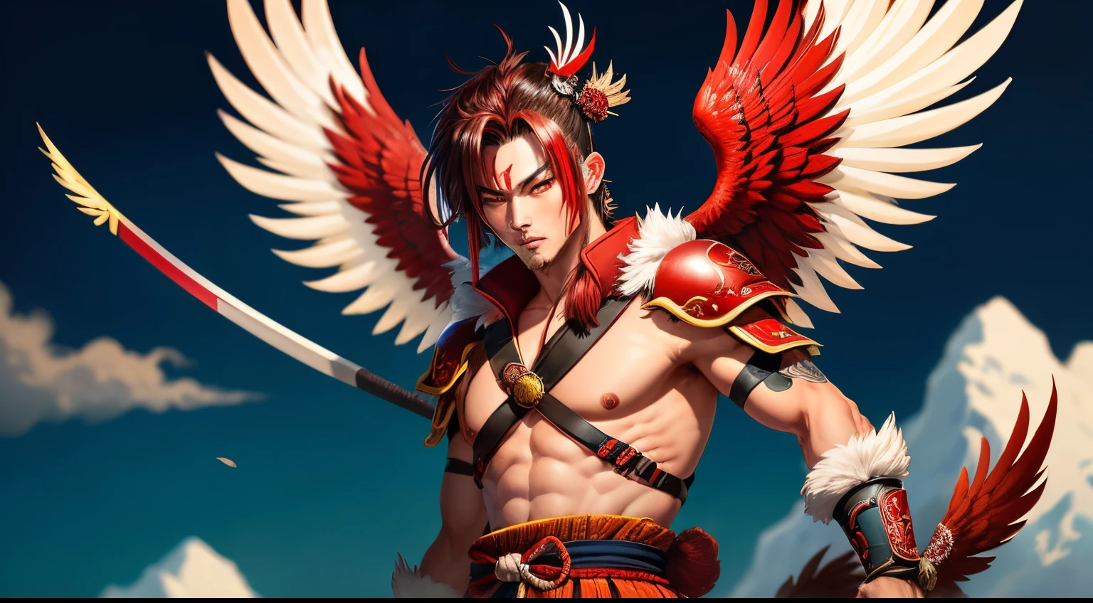 Tengu, Winged Mountain God, Provocative, of red and white colors, strength, samurai punk, Alone, 1 male canine, brunette color hair, red eyes, AS-Adult