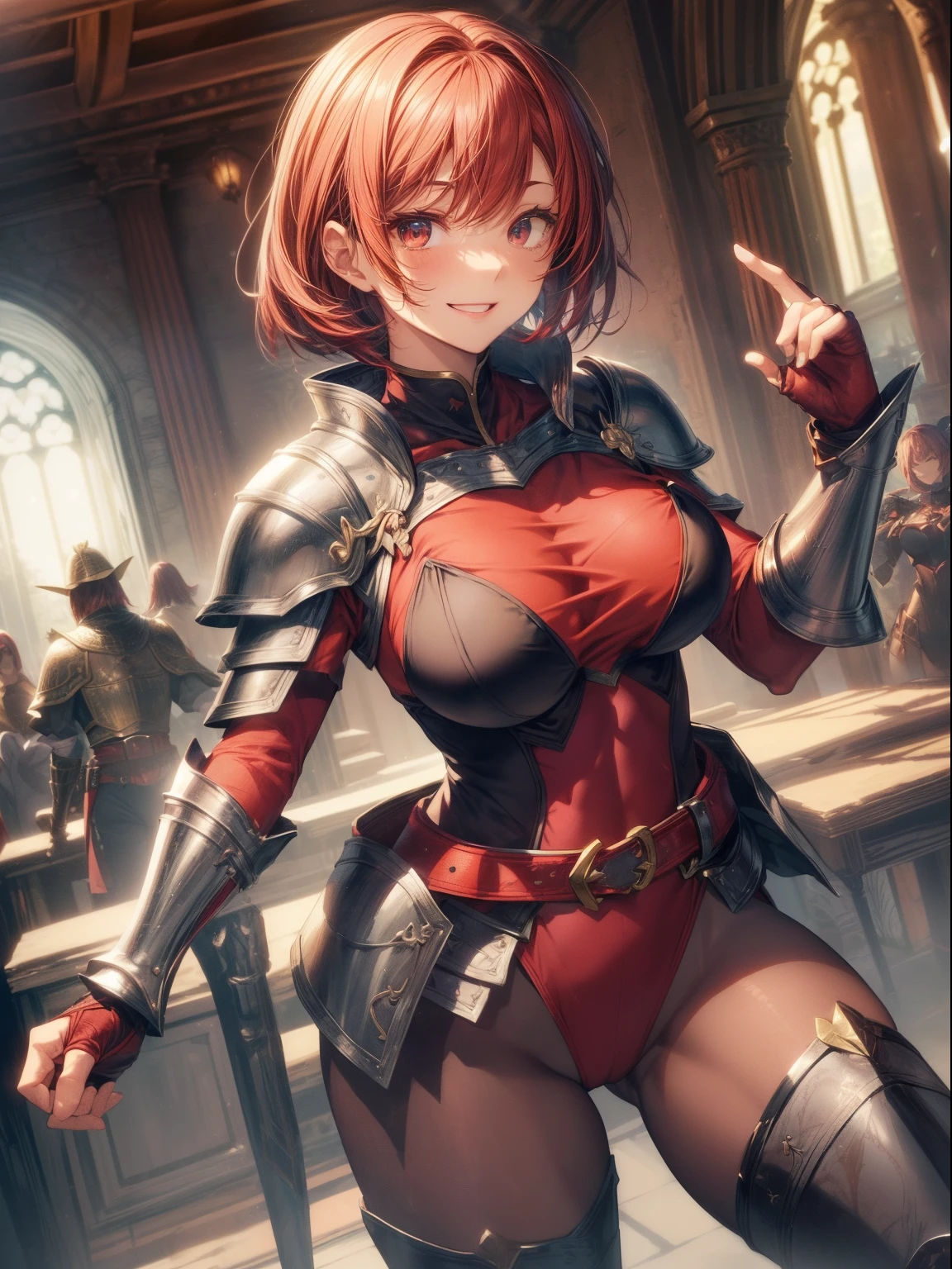 top-quality、Full limbs、complete fingers、one beautiful women、Beautiful Large Breasts、Medium short hair、straight haired、Red hair、(red high neck leotard:1.3)、(Brown pantyhose)、((sacred place))、Woman knight、((Western armor、gauntlets、a belt、breastplates、Shin pads))、Red cloak、Frolicking、Dancing:1.3、A big smile
