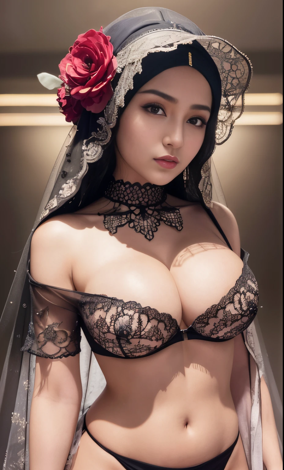 rtx, heavenly, glowing, (8k, 4k, best quality, highres, ultra high res:1.1), (masterpiece, realistic, photo-realistic:1.1), 1girl, face, close-up, colorful hijabi, red lips,((big breast)), (big cleavage), (big cuvy hips), (narrow waist ) (looking at viewer:2), long eyelashes, eyeshadow, small face, big eyes,bare shoulders, high contrast,ultra-high-definition, outstanding details, 8K, Blush face, attractive collarbone, sexy shoulders, blushing cheeks, nikon z9, 30mm lens, sharp focused face, f/4, iso 200, shutter 1/250, beauty light, medium shot, raw ,intricately detailed, award winning photograph, good contrast, high sharpness, facial symmetry, bokeh, ultra-detailed