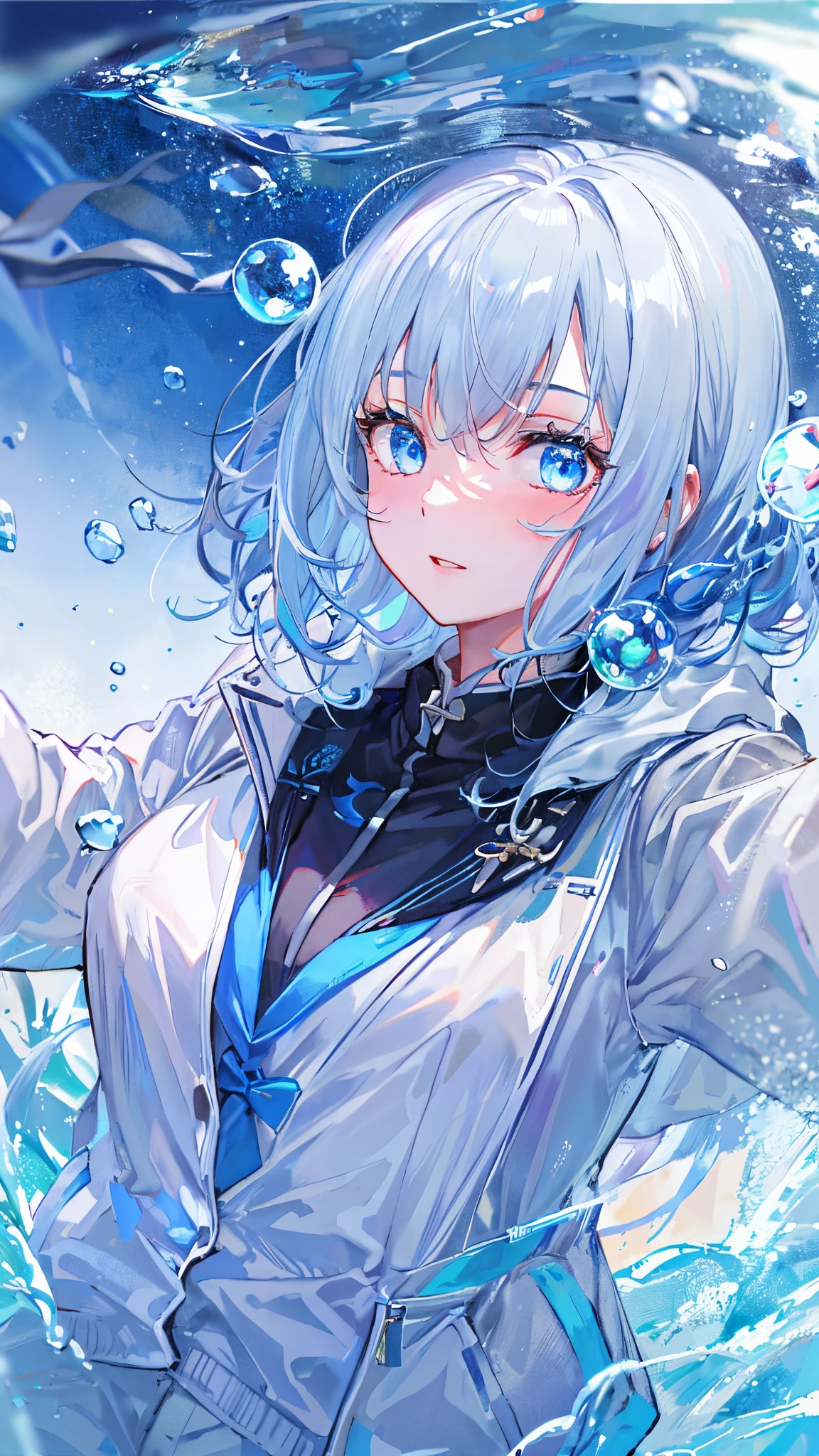 ((top-quality)), ((masterpiece)), ((ultra-detailliert)), (Extremely delicate and beautiful), girl with, 独奏, cold attitude,((Black jacket)),She is very(relax)with the(Settled down)Looks,depth of fields,Evil smile,Bubble, under the water, Air bubble,Underwater world bright light blue eyes,inner color with bright gray hair and light blue tips,,,,,,,,,,,,Cold background,Bob Hair - Linear Art, shortpants、knee high socks、White uniform like school uniform、Light blue ribbon ties、Clothes are sheer、Hands in pockets、Bright eyes like sapphire,Fronllesse Blue, A small blue light was floating、fantastic eyes、Angle of view when taking selfies