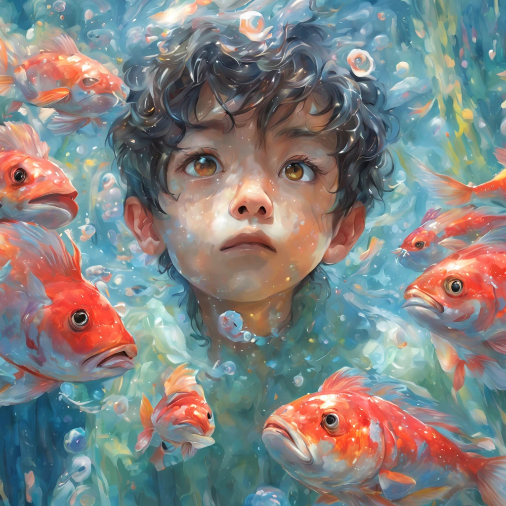 facial closeups，a cute boy and red fish，dream magical，watered eyes，Front view，makoto shinkai，under the water，In the style of Otomo Katsuhiro，Ao olhar para cima，red fish surreal the boy，Rendering style in realistic hyper-detail，with light glowing，amarelo，blue colors，paint brushes，hyper realistic oil，Exaggerated perspective，Tyndall effect，water dripping，Mother-of-pearl iridescent，Holographic white，Green background