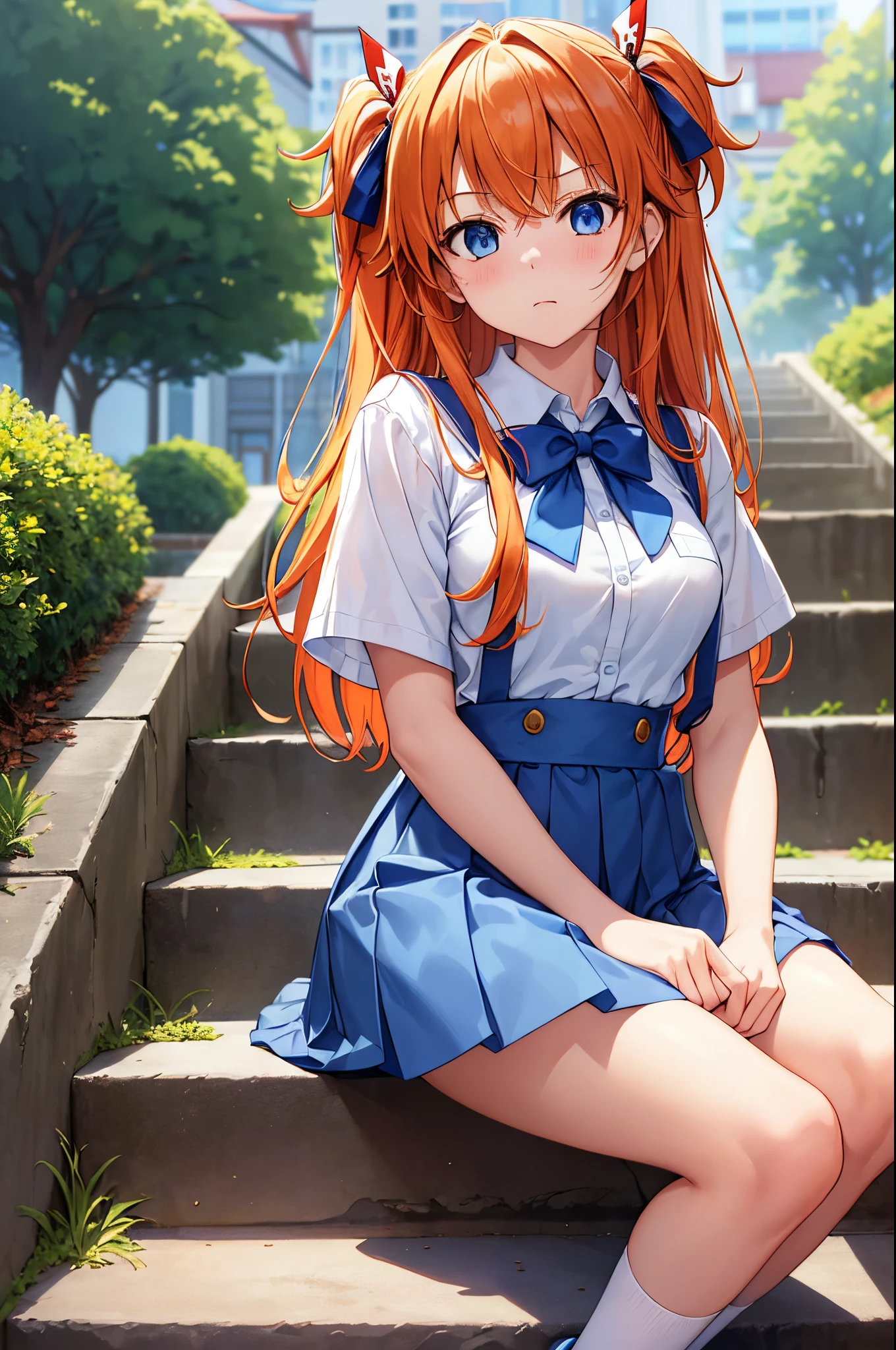 (masterpiece, best quality:1.2), (tsurime:1.2),
(face focus, face close-up, close-up face:1.2), tsurime, 1girl, souryuu asuka langley, solo, blue eyes, school uniform, looking at viewer, long hair, looking back, tokyo-3 middle school uniform, orange hair, white shirt, from behind, shirt, short sleeves, closed mouth, bangs, two side up, stairs, feet out of frame, white socks, suspender skirt, blue skirt, blue dress, outdoors, dress, hair ornament,