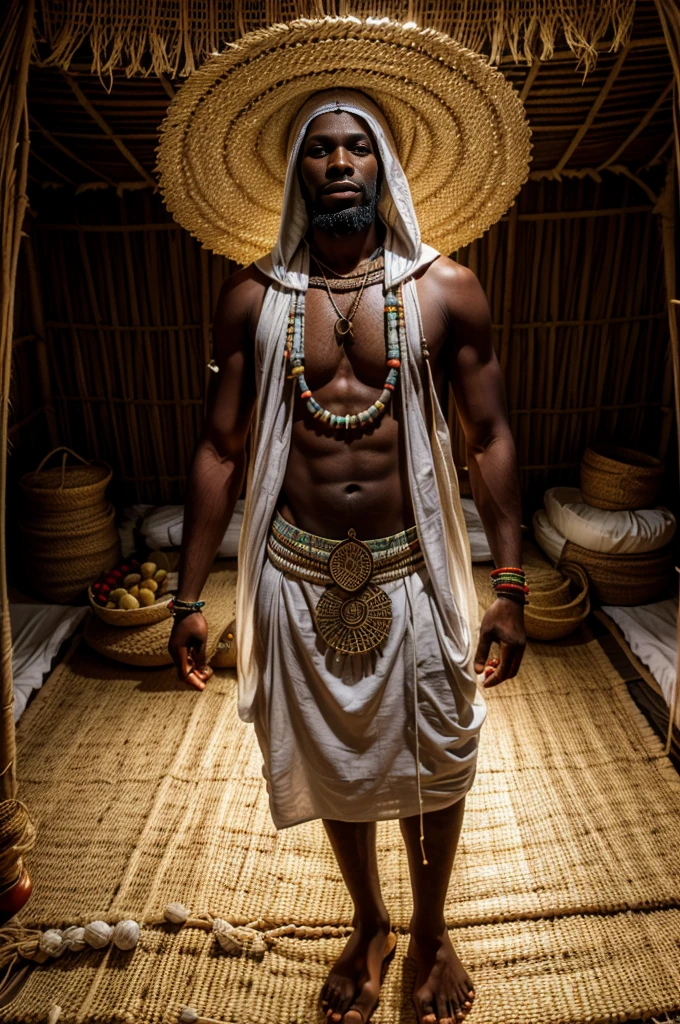 an orisha with his face covered by a straw hood and wearing a straw dress that covers his entire body, ((full body)), only the arms are left out, Umbanda deity known as Obaluaie ((omolu)), (( Candomblé)), African bracelets on the arms, head covered by straw headdress, in the background a slave quarters of Brazilians,