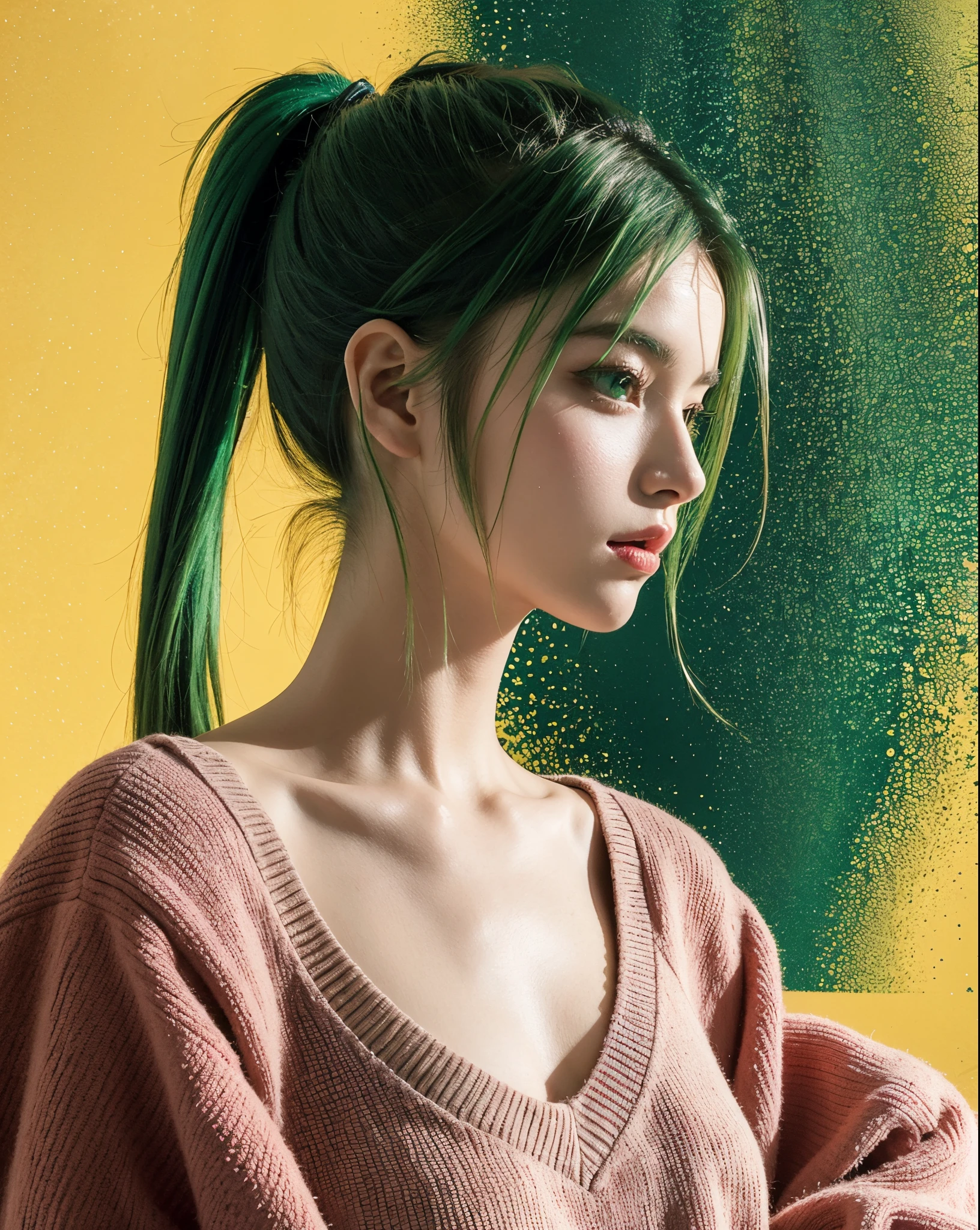 Japanese 1 girls, (Green eyes: 0.8), (Green hair: 0.8), (Yellow hair: 0.7), (Hair Shadow:0.4), (Bow with hair shaped like a banana: 0.9), Sitting on a cozy sofa, Upper body, Soft light, Wearing jungle green in a yellow dress, Detailed face