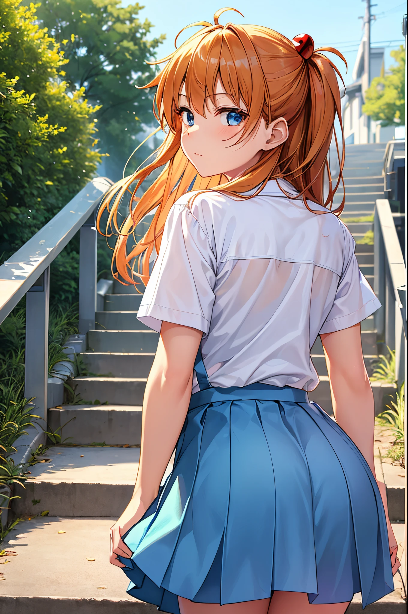 (masterpiece, best quality:1.2), (tsurime:1.2),
(face focus, face close-up, close-up face:1.2), tsurime, 1girl, souryuu asuka langley, solo, blue eyes, school uniform, looking at viewer, long hair, looking back, tokyo-3 middle school uniform, orange hair, white shirt, from behind, shirt, short sleeves, closed mouth, bangs, two side up, stairs, feet out of frame, white socks, suspender skirt, blue skirt, blue dress, outdoors, dress, hair ornament,