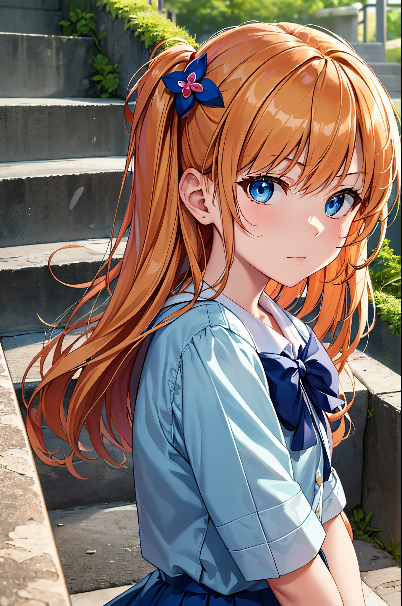 (masterpiece, best quality:1.2), (tsurime:1.2),
(face focus, face close-up, close-up face:1.2), tsurime, 1girl, souryuu asuka langley, solo, blue eyes, school uniform, looking at viewer, long hair, looking back, tokyo-3 middle school uniform, orange hair, white shirt, from behind, shirt, short sleeves, closed mouth, bangs, two side up, stairs, feet out of frame, white socks, suspender skirt, blue skirt, blue dress, outdoors, dress, hair ornament,