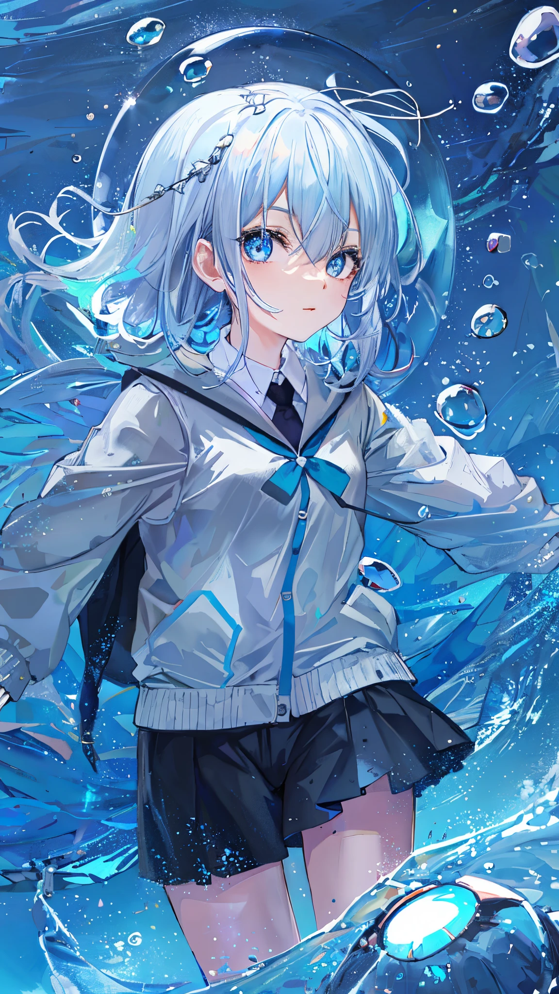 ((top-quality)), ((masterpiece)), ((ultra-detailliert)), (Extremely delicate and beautiful), girl with, 独奏, cold attitude,((Black jacket)),She is very(relax)with the(Settled down)Looks,depth of fields,Evil smile,Bubble, under the water, Air bubble,Underwater world bright light blue eyes,inner color with bright gray hair and light blue tips,,,,,,,,,,,,Cold background,Bob Hair - Linear Art, shortpants、knee high socks、White uniform like school uniform、Light blue ribbon ties、Clothes are sheer、Hands in pockets、Bright eyes like sapphire,Fronllesse Blue, A small blue light was floating、fantastic eyes、Angle of view when taking selfies