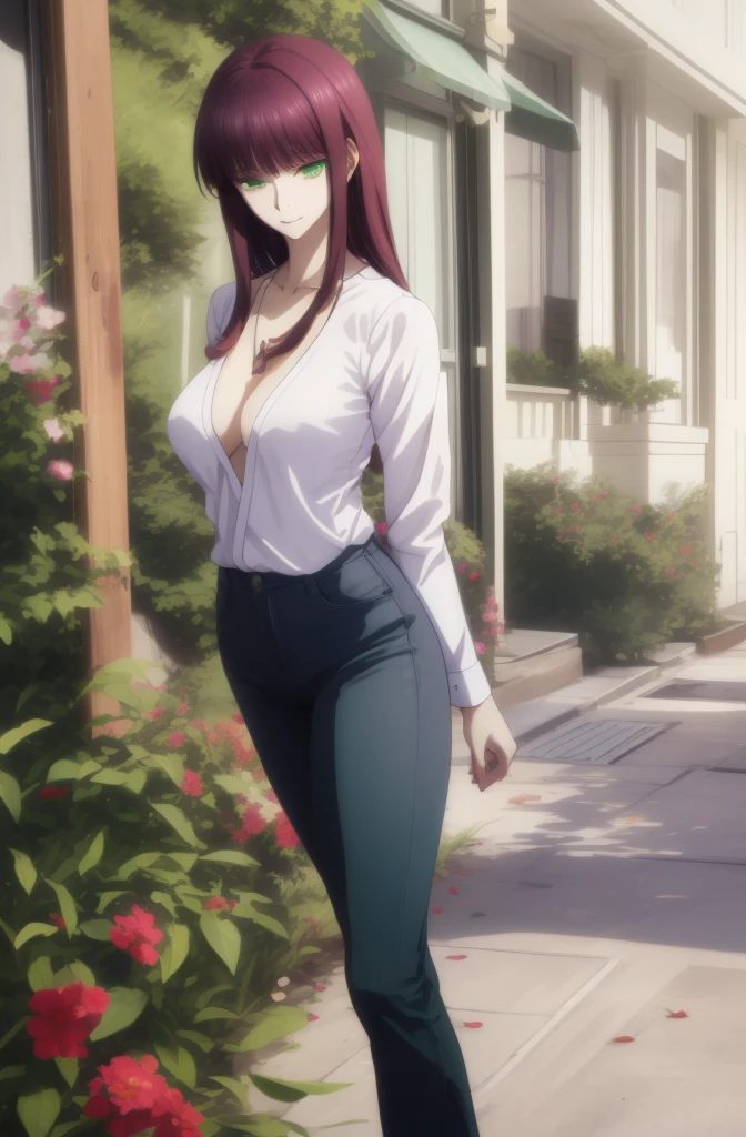 8K UHD, hight resolution,Very detailed CG, High quality shadows, Detail Beautiful delicate face, Detail Beautiful delicate eyes,Makima (chain saw man),Sukasaha (Fate/grand order),Shimohira Reihua ,Hi-Res,Very delicate and beautiful CG illustration,top-quality,Realistic skin feeling,Realistic fabric,Realistic texture,beautiful thigh,big breasts thin waist,(((masutepiece))), (((Best Quality))),8K,32K,masterpiece,beautiful alluring anime woman,ultra-definition,ultra-detailliert,hight resolution,a hyperrealistic schoolgirl,masuter piece, Best Quality, High quality, High Definition, high quality texture, high quality shadow, high detailing,finely detail,1girl in,High school students,Solo,Soio,Only one person,Alone,One Person,tall,AS-Adult,Mature atmosphere,Leg length,neat and long legs,8 Head Body,stature:171cm,Mature girls,Reddish-purple hair,Reddish-purple hair,Purple hair,Magenta hair,silky and smooth hair,Colorful hair,Straight hair,Smile,Smiling happily,lively expression,Cute smile,Cool Beauty,Beautuful Women,Neat face, Beautiful realism,Seductive look,Bewitching look,serene expressions,beautiful hairl,She wears a necklace around her neck,Necklace,bead necklace,magatama accessories,A slight smil,Colorful eyes,green colored eyes,Jade-colored eyes,beautidful eyes,Bright eye,Delicat eyes,Eyes Like Gems,Jade Eyes,Hanging eyes,(Green eyes:1.5),Seductive face,watching at viewers,mystic atmosphere,,Seductive face,looking at the viewers,((White collared shirt)),Pendants,JINS,Waistband,Blue Pants,Hands folded behind your back,is standing,during daytime,Sunlight,plein air,Walking,Business District,Model photo,Looking at the camera,blue-sky,is standing,Model photo,Walking,Black tank top,JINS,Put your hands behind your back,