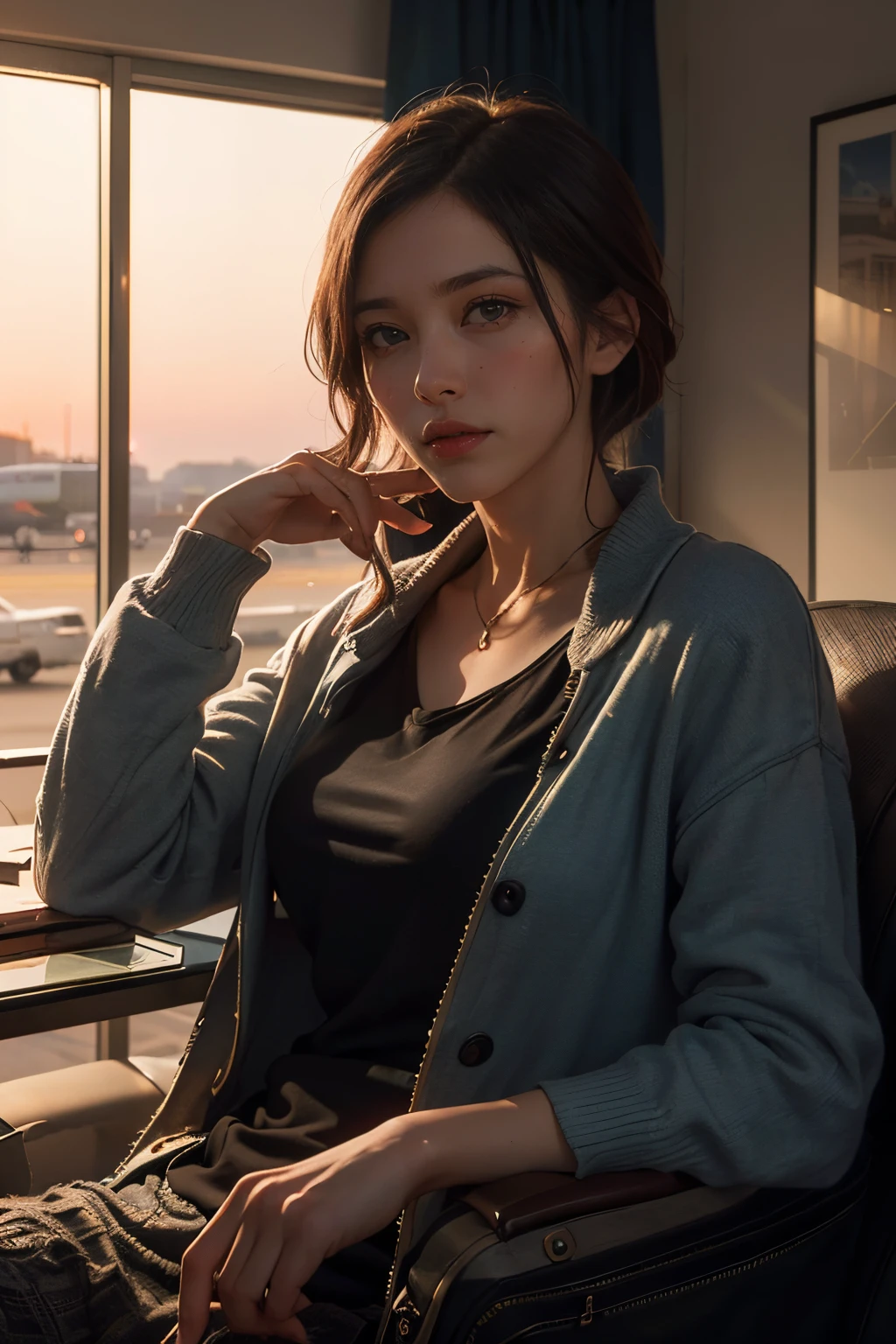 (Best Quality,4K,8K,hight resolution,masutepiece:1.2),Ultra-detailed,(Realistic,Photorealistic,Photorealsitic:1.37),Nostalgic atmosphere,return to one&#39;hometown of, crowded airport lounge, Sunset, Sentimental, State of the airport, Warm colors, Dramatic Lighting