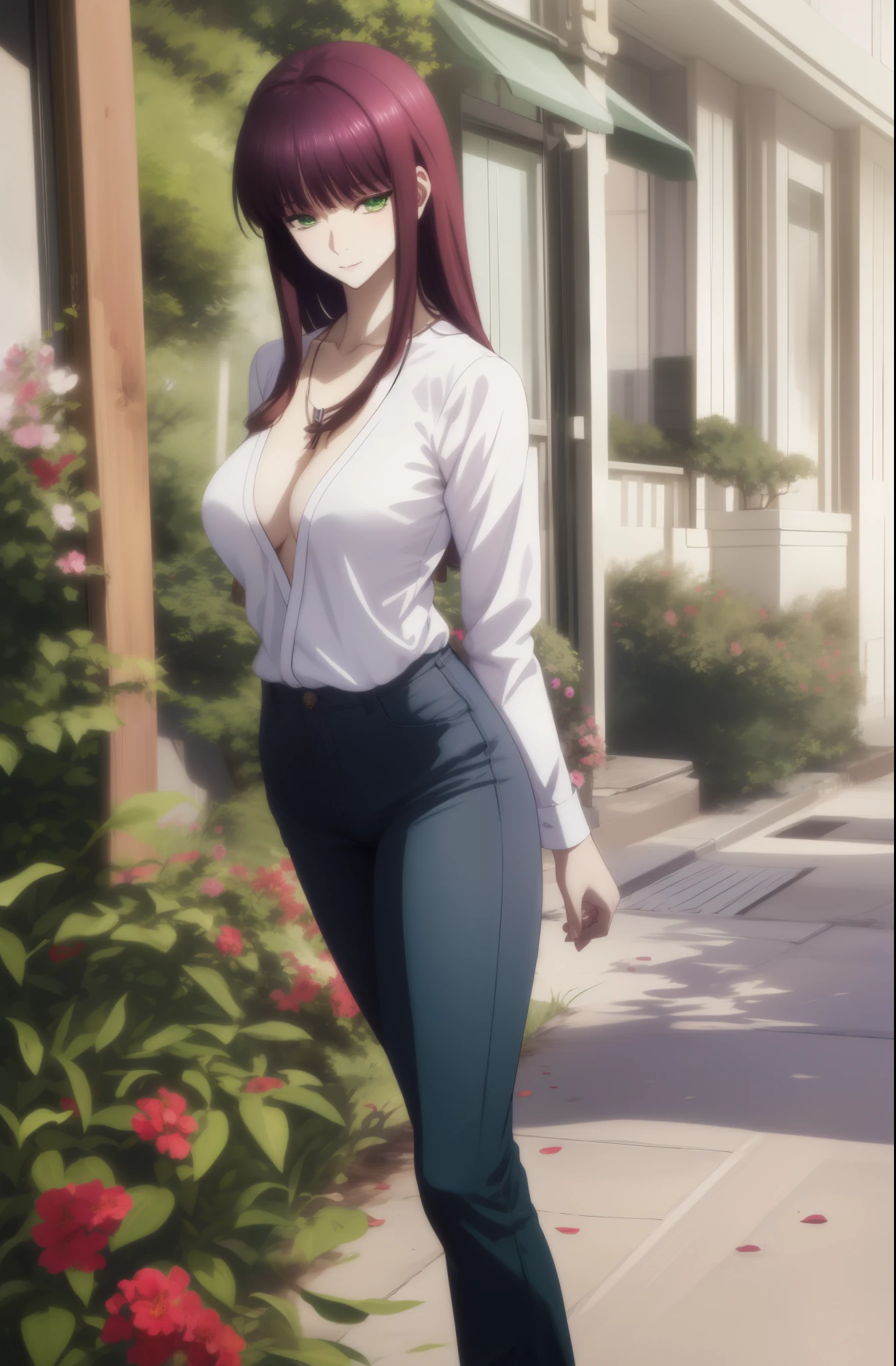 8K UHD, hight resolution,Very detailed CG, High quality shadows, Detail Beautiful delicate face, Detail Beautiful delicate eyes,Makima (chain saw man),Sukasaha (Fate/grand order),Shimohira Reihua ,Hi-Res,Very delicate and beautiful CG illustration,top-quality,Realistic skin feeling,Realistic fabric,Realistic texture,beautiful thigh,big breasts thin waist,(((masutepiece))), (((Best Quality))),8K,32K,masterpiece,beautiful alluring anime woman,ultra-definition,ultra-detailliert,hight resolution,a hyperrealistic schoolgirl,masuter piece, Best Quality, High quality, High Definition, high quality texture, high quality shadow, high detailing,finely detail,1girl in,High school students,Solo,Soio,Only one person,Alone,One Person,tall,AS-Adult,Mature atmosphere,Leg length,neat and long legs,8 Head Body,stature:171cm,Mature girls,Reddish-purple hair,Reddish-purple hair,Purple hair,Magenta hair,silky and smooth hair,Colorful hair,Straight hair,Smile,Smiling happily,lively expression,Cute smile,Cool Beauty,Beautuful Women,Neat face, Beautiful realism,Seductive look,Bewitching look,serene expressions,beautiful hairl,She wears a necklace around her neck,Necklace,bead necklace,magatama accessories,A slight smil,Colorful eyes,green colored eyes,Jade-colored eyes,beautidful eyes,Bright eye,Delicat eyes,Eyes Like Gems,Jade Eyes,Hanging eyes,(Green eyes:1.5),Seductive face,watching at viewers,mystic atmosphere,,Seductive face,looking at the viewers,((White collared shirt)),Pendants,JINS,Waistband,Blue Pants,Hands folded behind your back,is standing,during daytime,Sunlight,plein air,Walking,Business District,Model photo,Looking at the camera,blue-sky,is standing,Model photo,Walking,Black tank top,JINS,Put your hands behind your back,