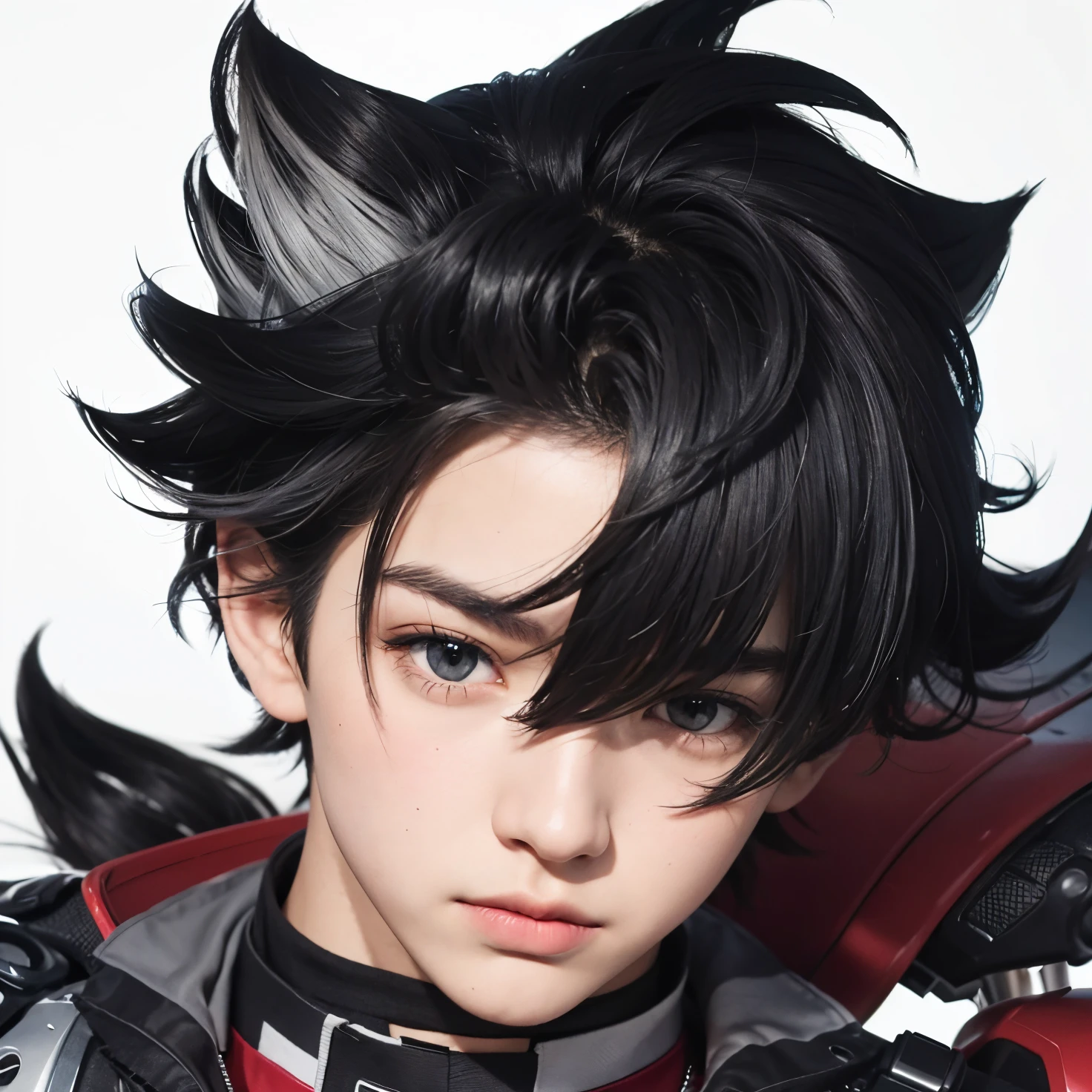 A teenage boy with realistic black and gray hair, (same realistic hairstyle), realistic handsome face, realistic cool expression, (adapt the same realistic clothes),realistic light, realistic shadows, realistic background, good image quality, very good image results, 4k, ultra detailed, realistic